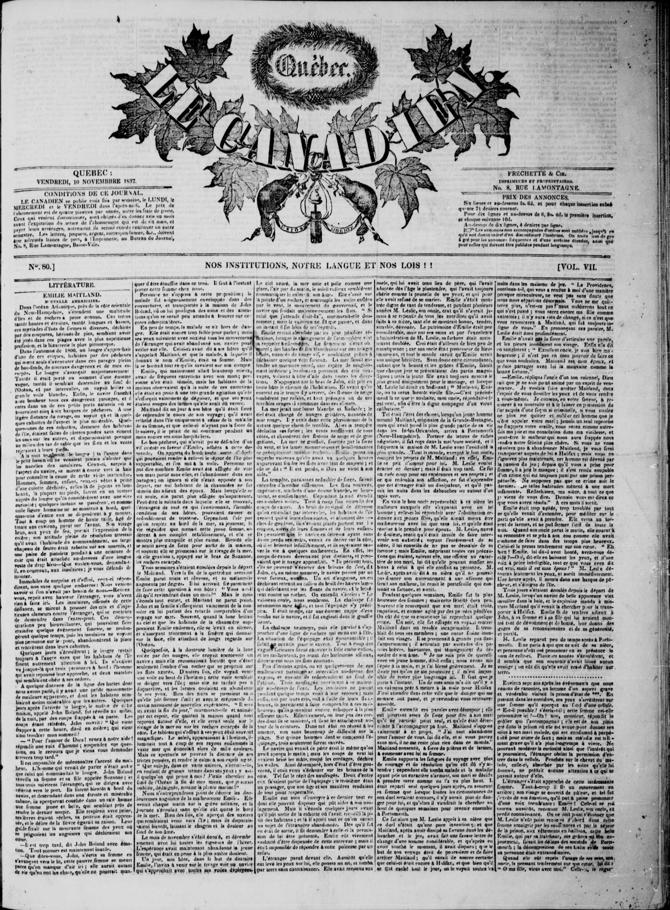 En-tête du journal Le Canadien, publié à Québec, édition du 10 novembre 1837.