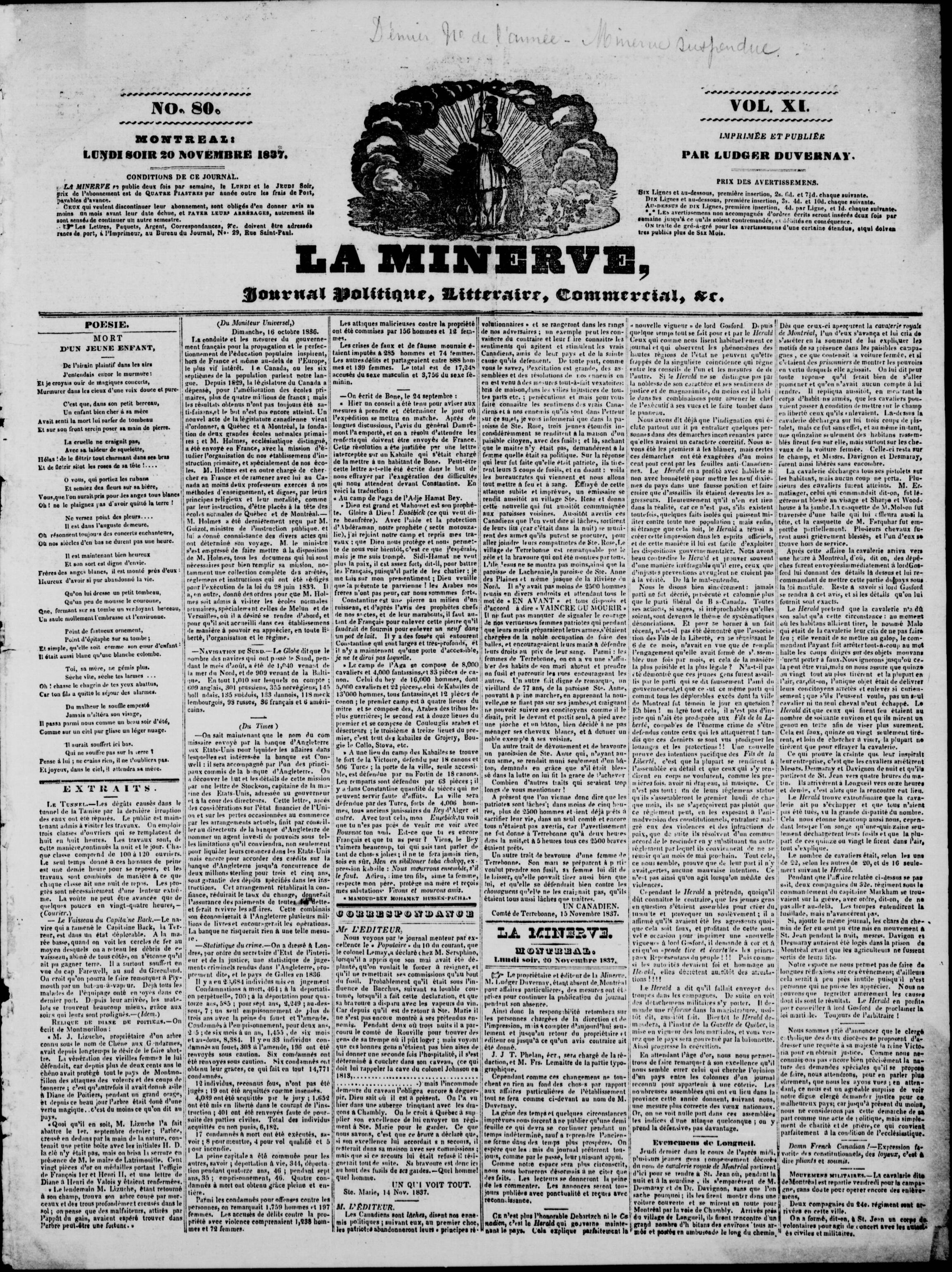 Couverture du journal La Minerve, 20 novembre 1837