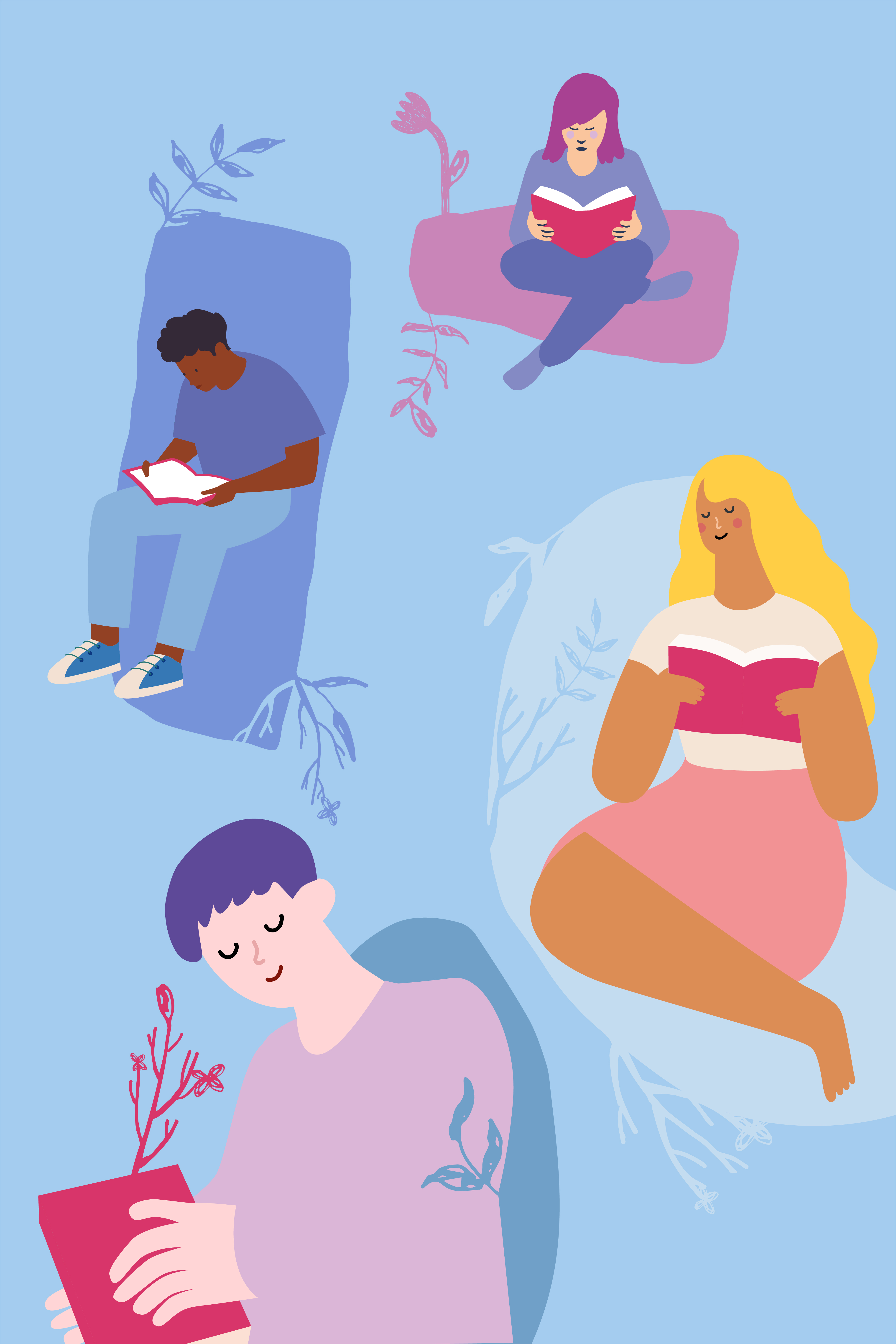 Illustration montrant quatre personnes lisant.