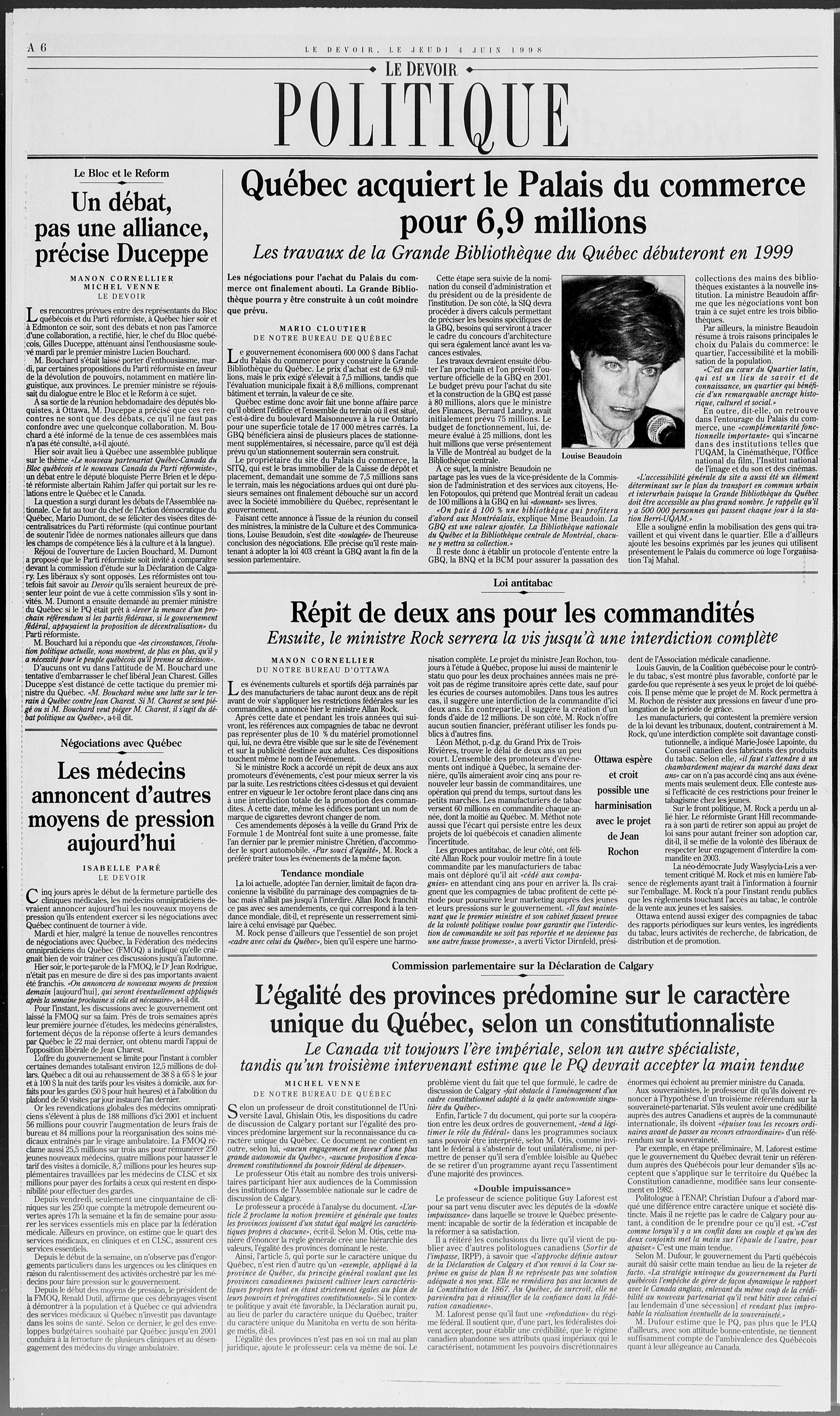 Article dans le journal Le Devoir sur l'acquisition du Palais du commerce par le gouvernement du Québec