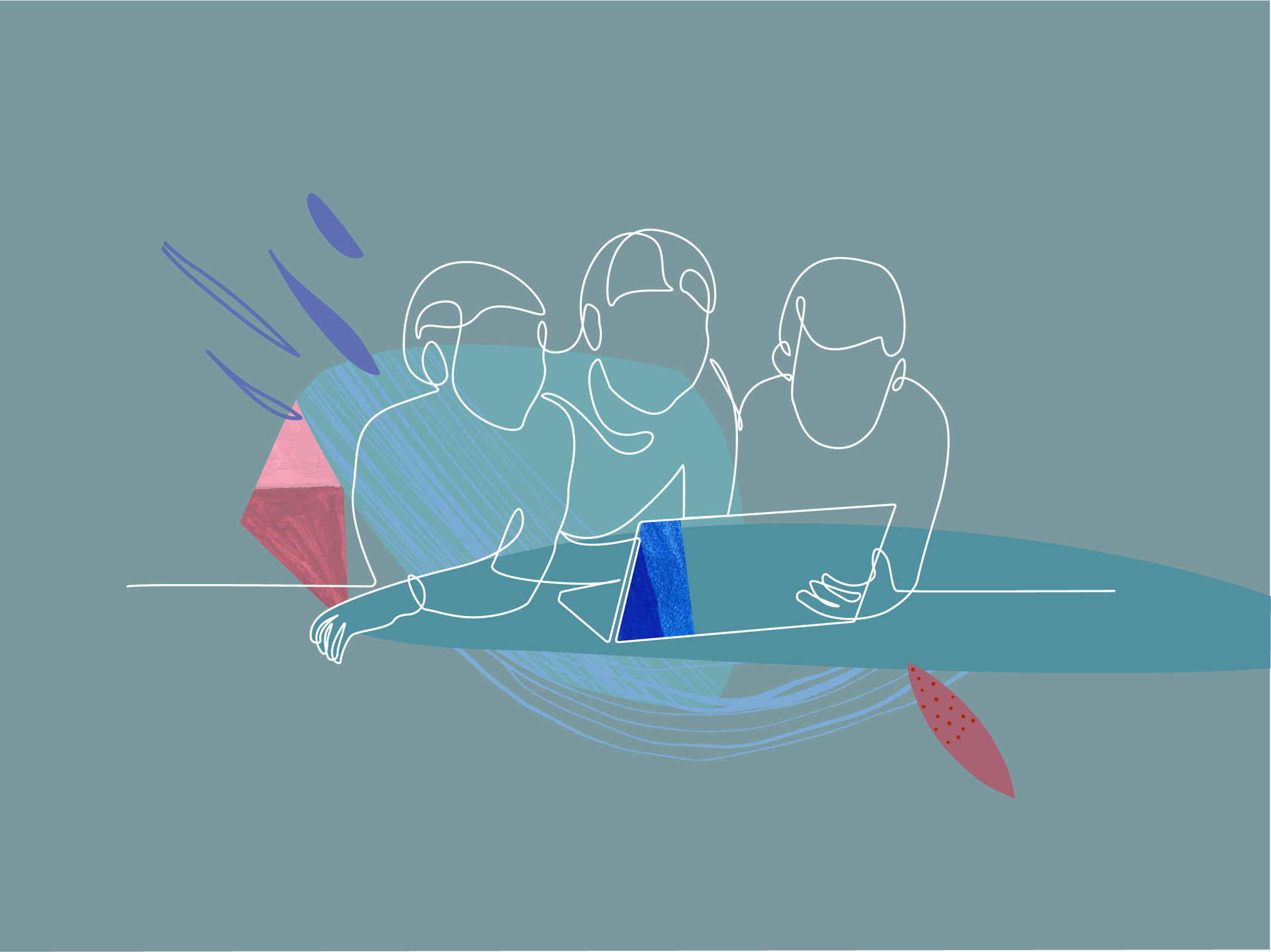 Illustration de trois élèves assis devant un ordinateur portable.