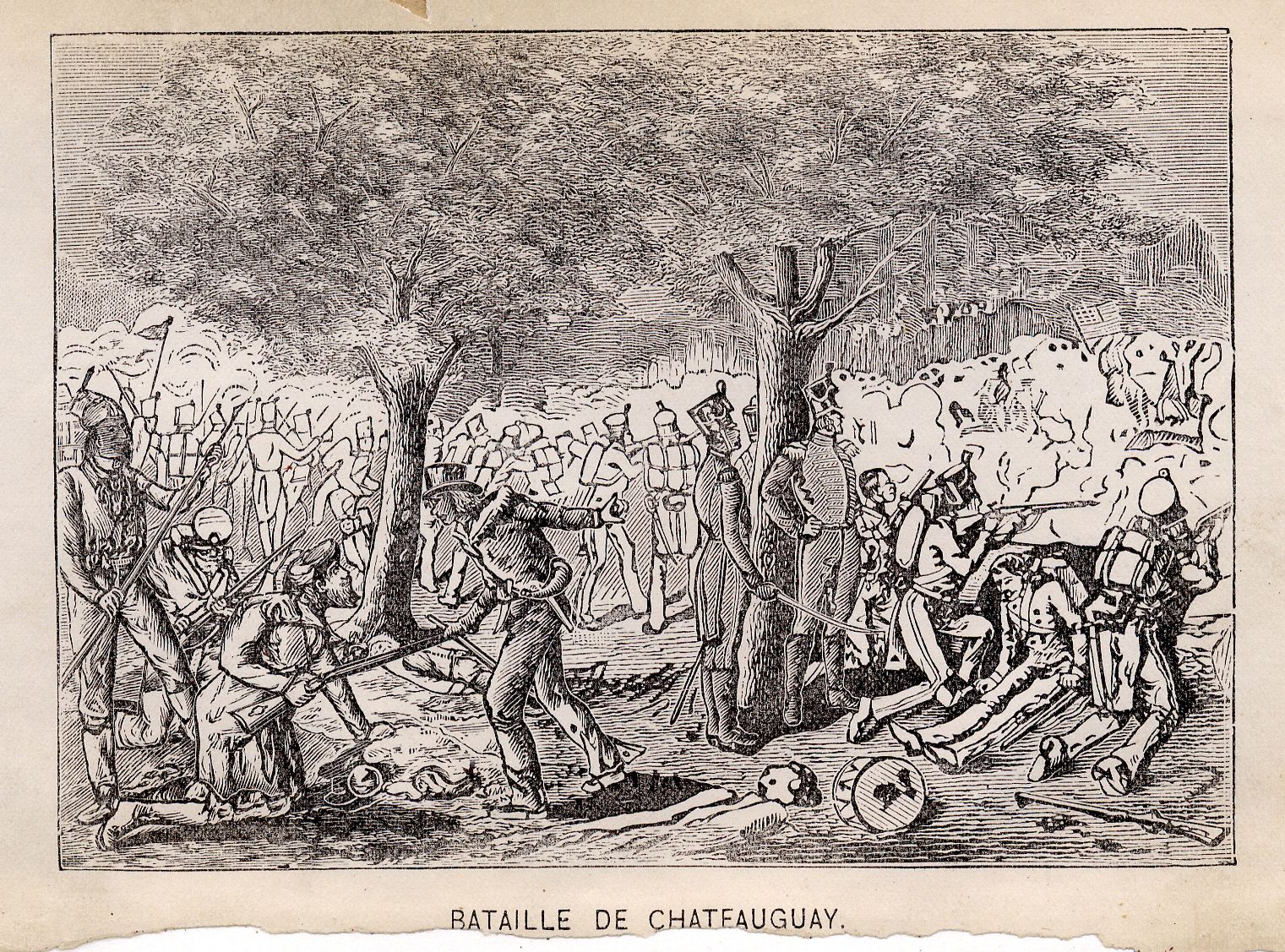 Gravure illustrant la bataille de Châteauguay. Les troupes canadiennes, américaines et mohawk sont représentées