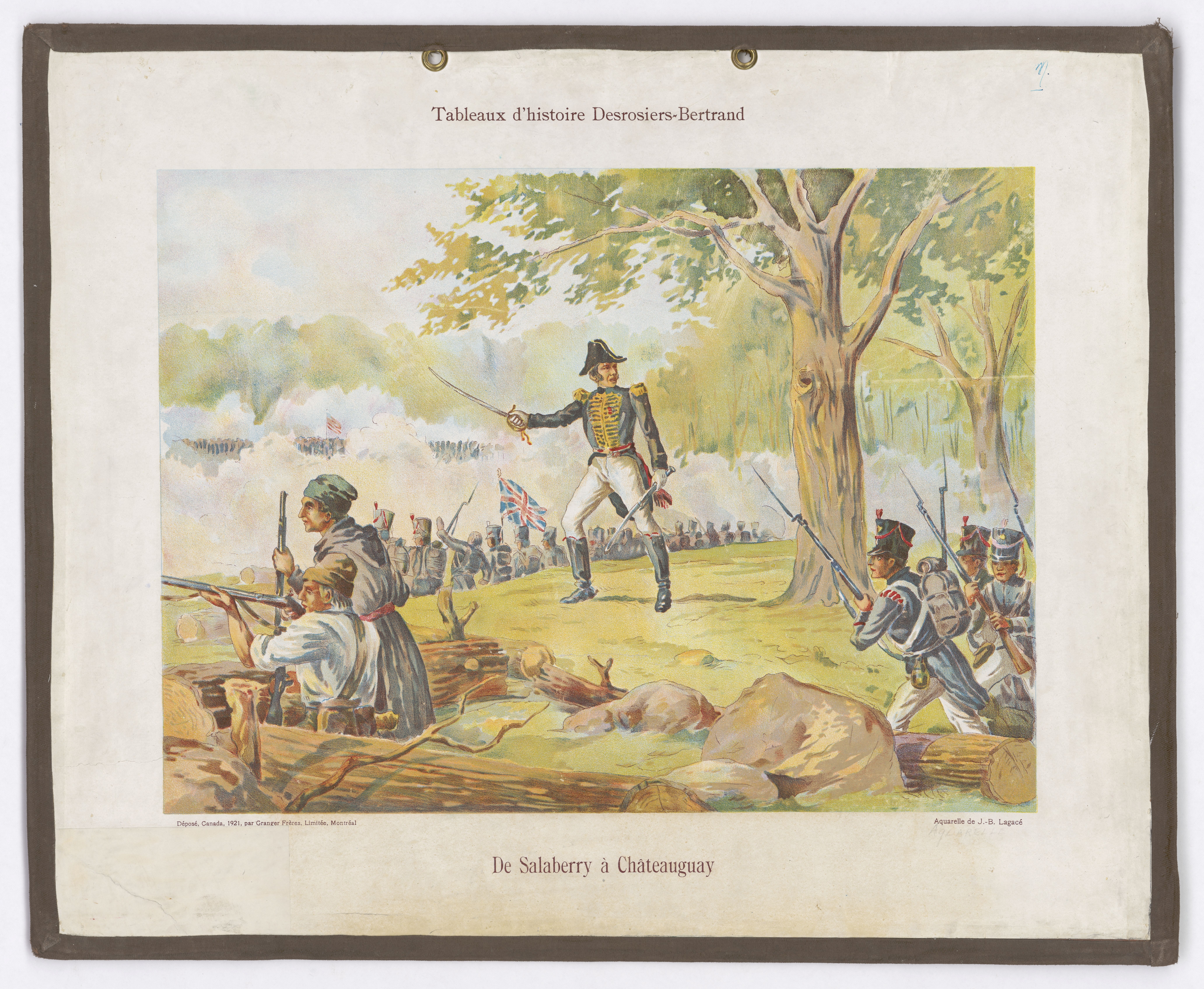 Gravure illustrant De Sallaberry, debout, menant des troupes canadiennes 