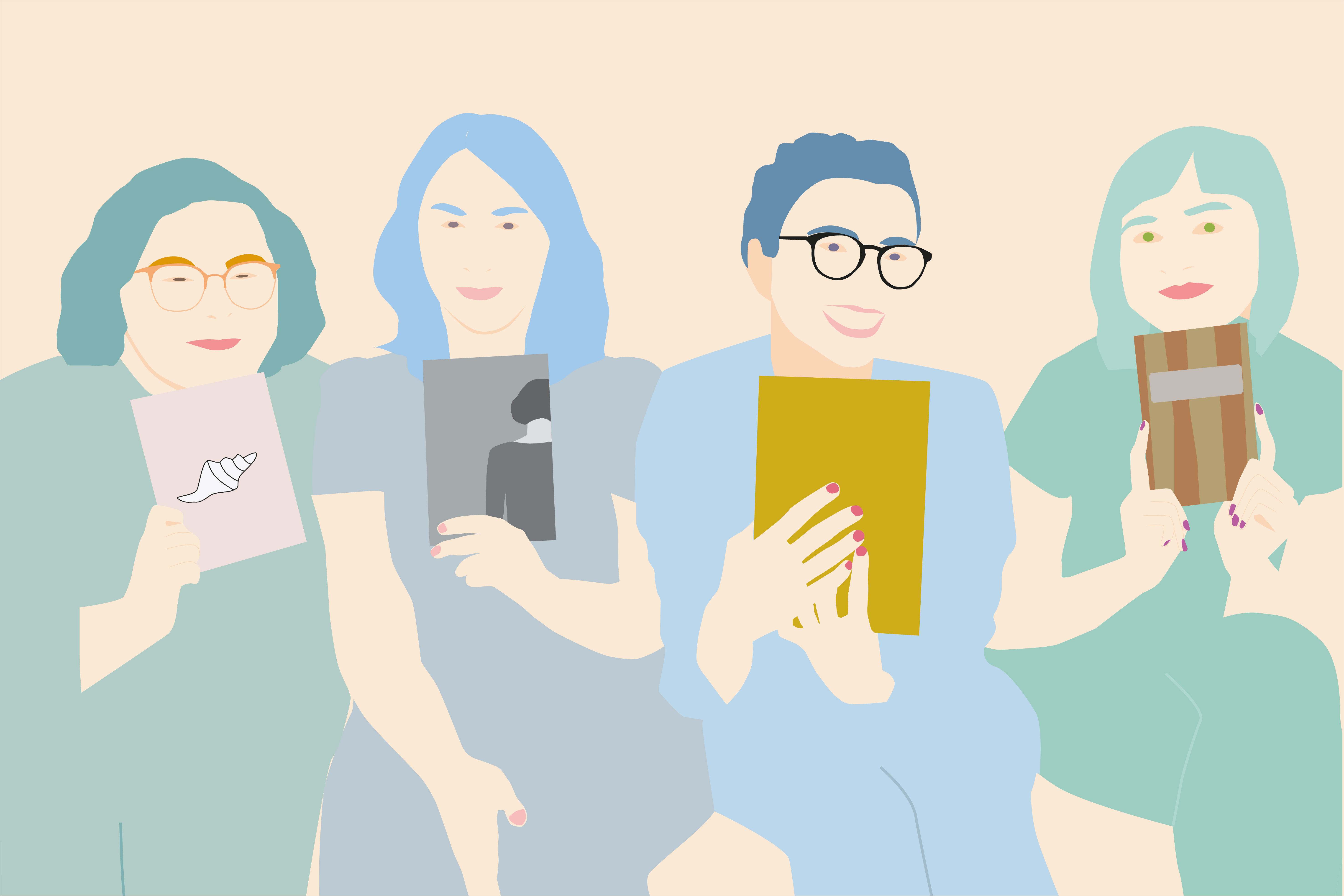 Illustration des 4 bibliothécaires derrière le balado "Signets au féminin"