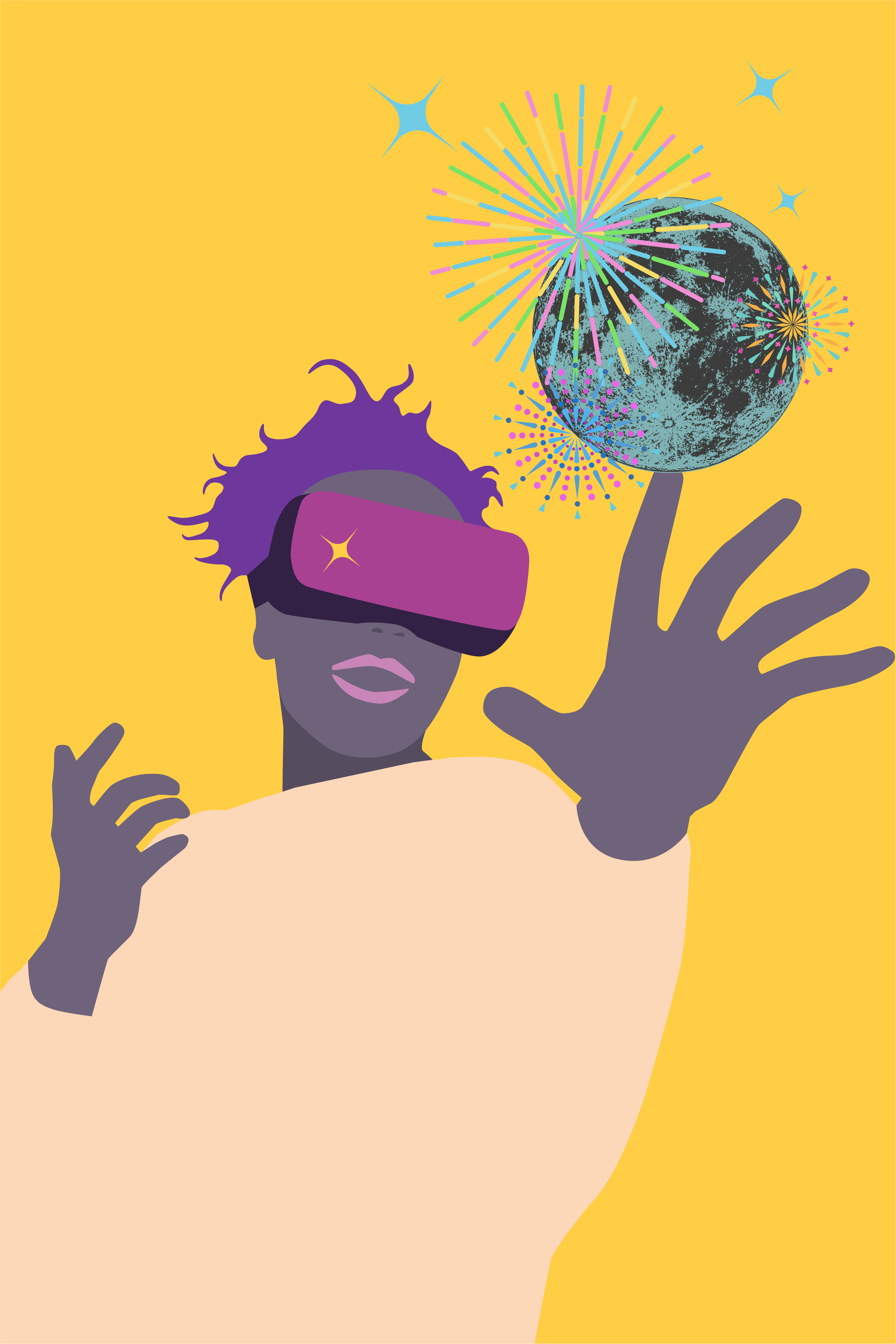 Illustration : une personne portant un casque de réalité virtuelle tend la main vers une sphère.