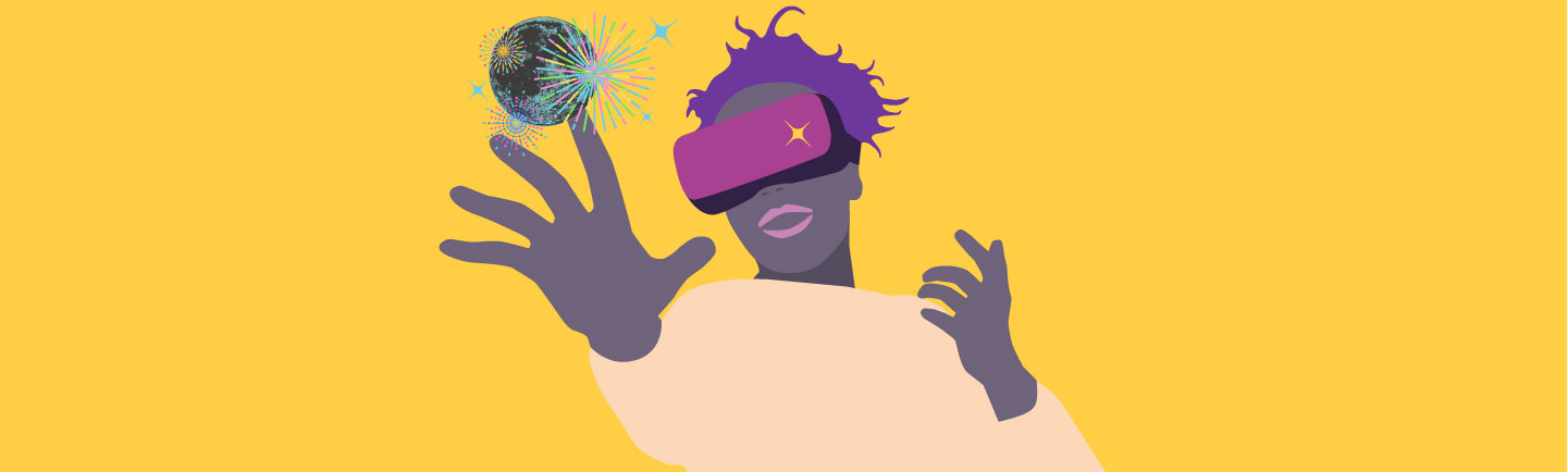 Illustration, personne portant un casque de réalité virtuelle. 