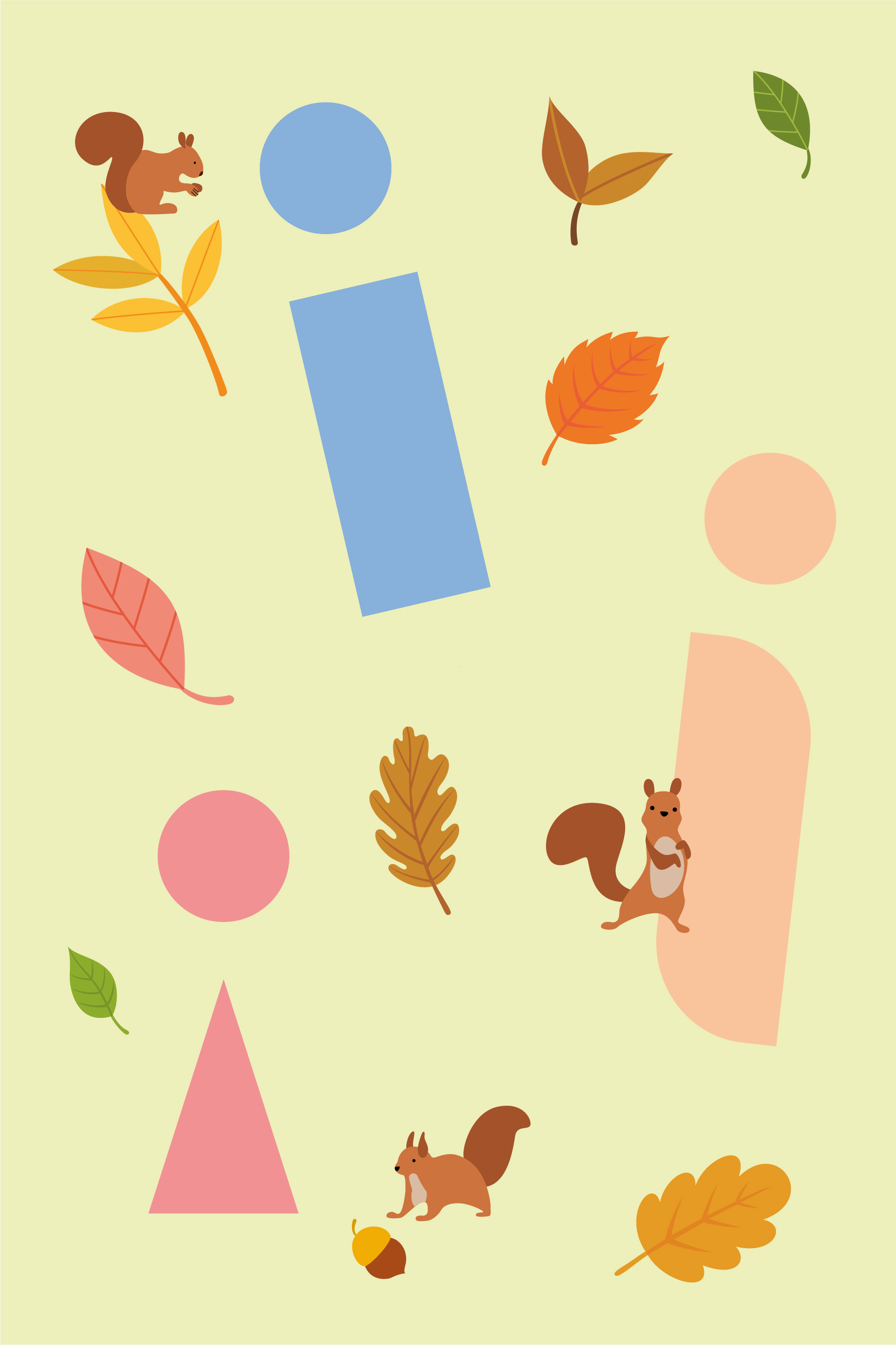 Illustration composée d'écureuils, de glands, de feuilles et de diverses formes abstraites.