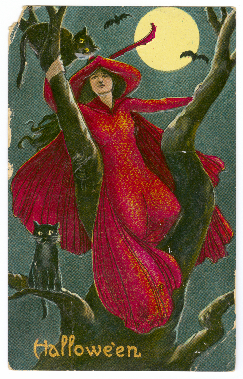 Une sorcière en robe rouge dans un arbre avec des chats