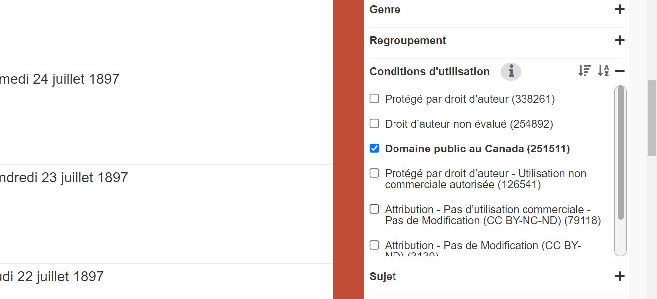 Capture d'écran montrant le filtre "Domaine public au Canada" dans BAnQ numérique