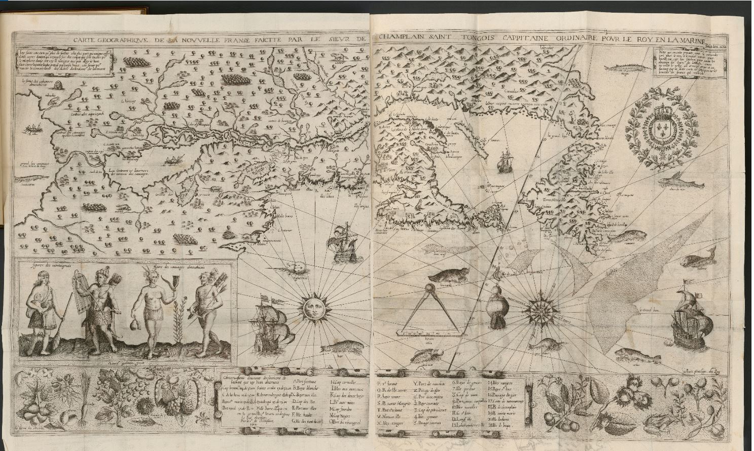 Carte géographique dessinée par Samuel de Champlain sur laquelle apparaît le territoire de l'Amérique du Nord, ainsi que des représentants des peuples autochtones