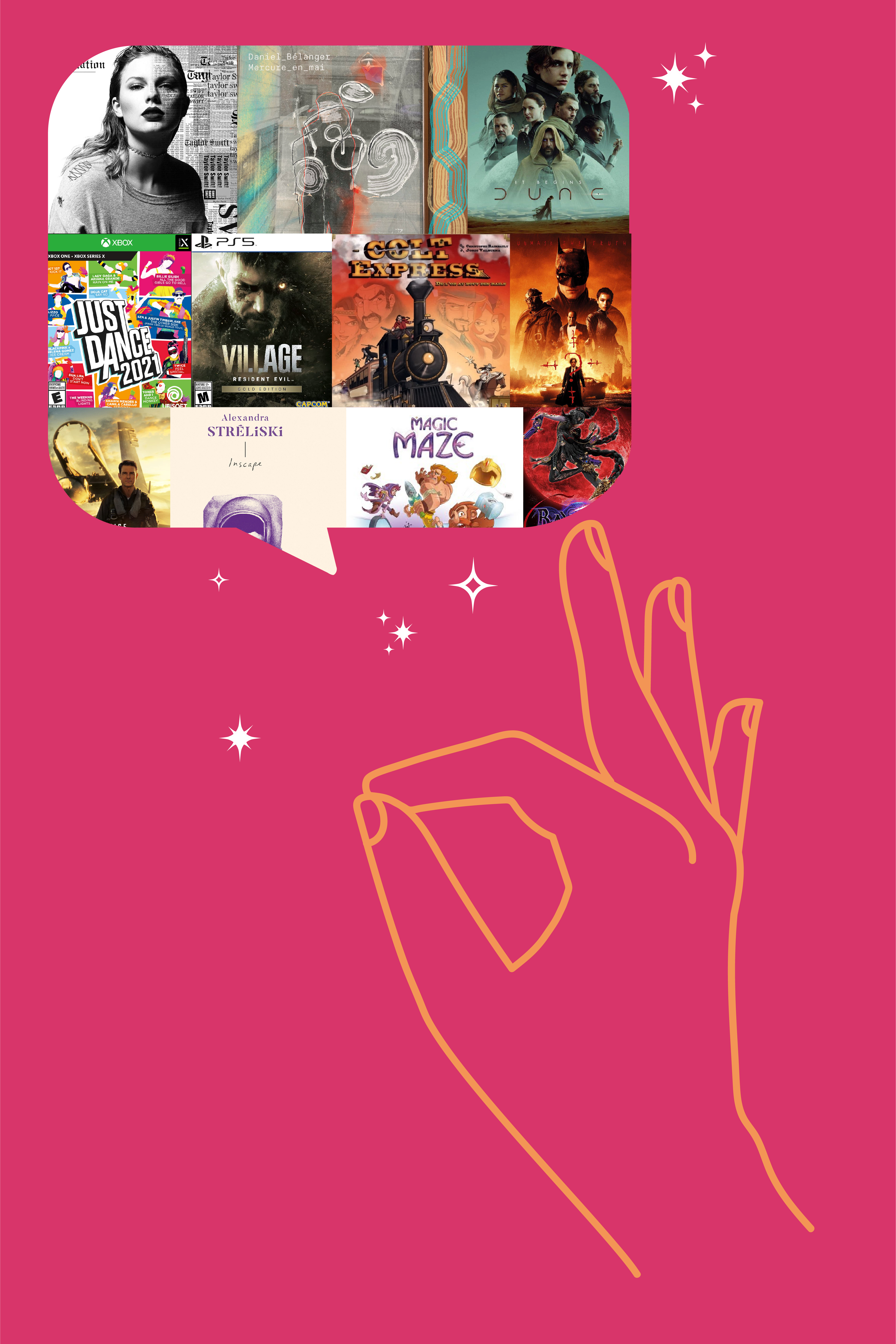 Quelques-uns des CD, films et jeux les plus empruntés par les adultes à la Grande Bibliothèque en 2023.