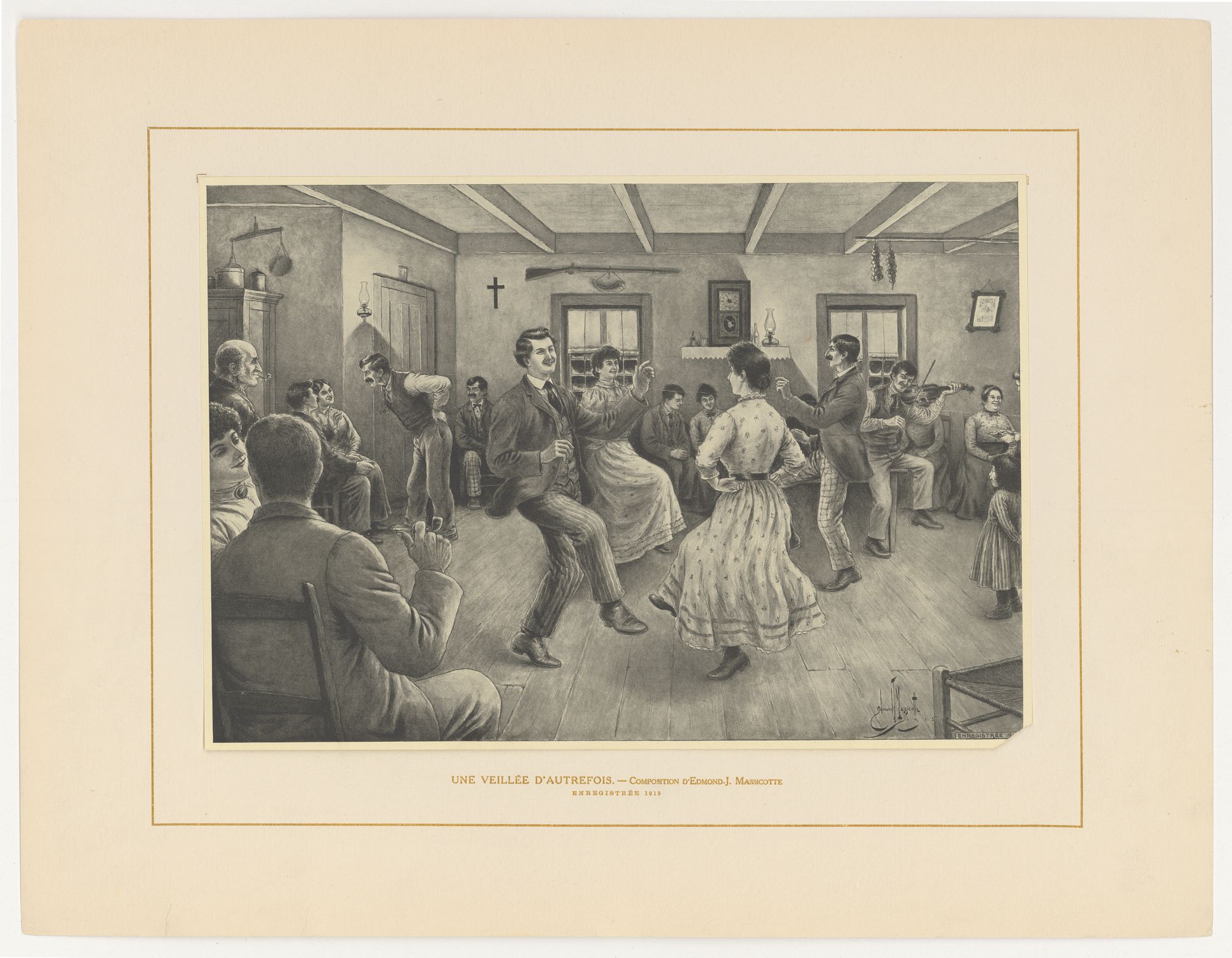 Illustration. Des gens dansent et d'autres discutent pendant qu'un homme joue du violon.