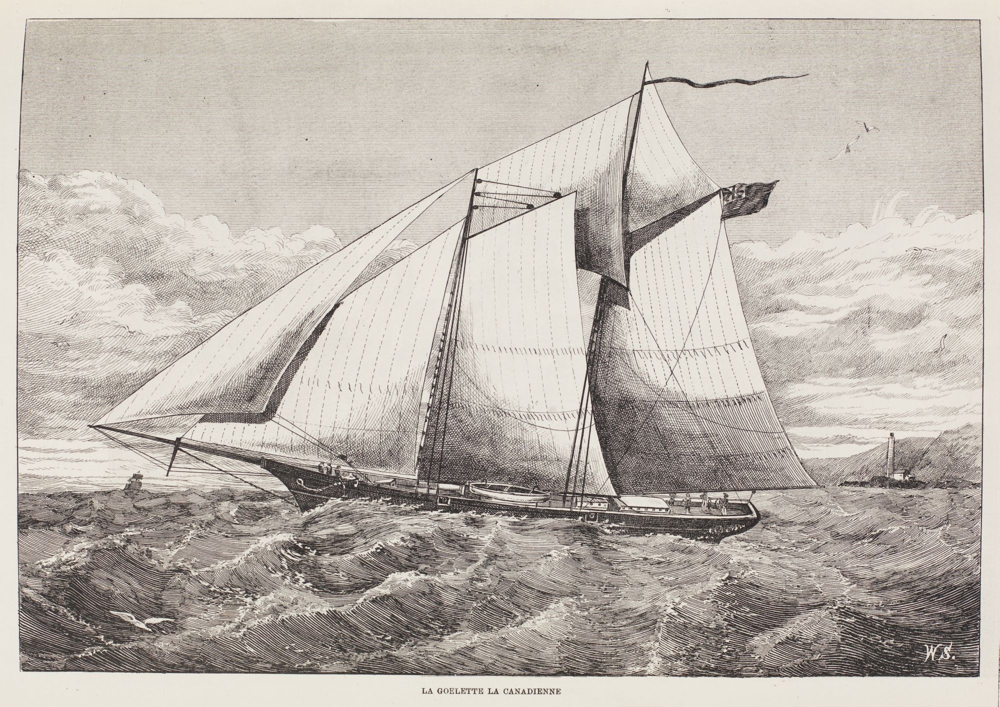 Gravure de la goélette la Canadienne arborant ses nombreuses voiles et naviguant sur une mer agitée.