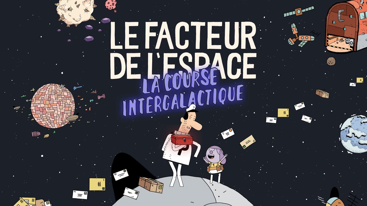 Dessin en couleur, représentant un facteur habillé en blanc, sur une planète grise, avec des lettres qui flottent autour de lui. Une petite fille mauve est heureuse de recevoir du courrier.