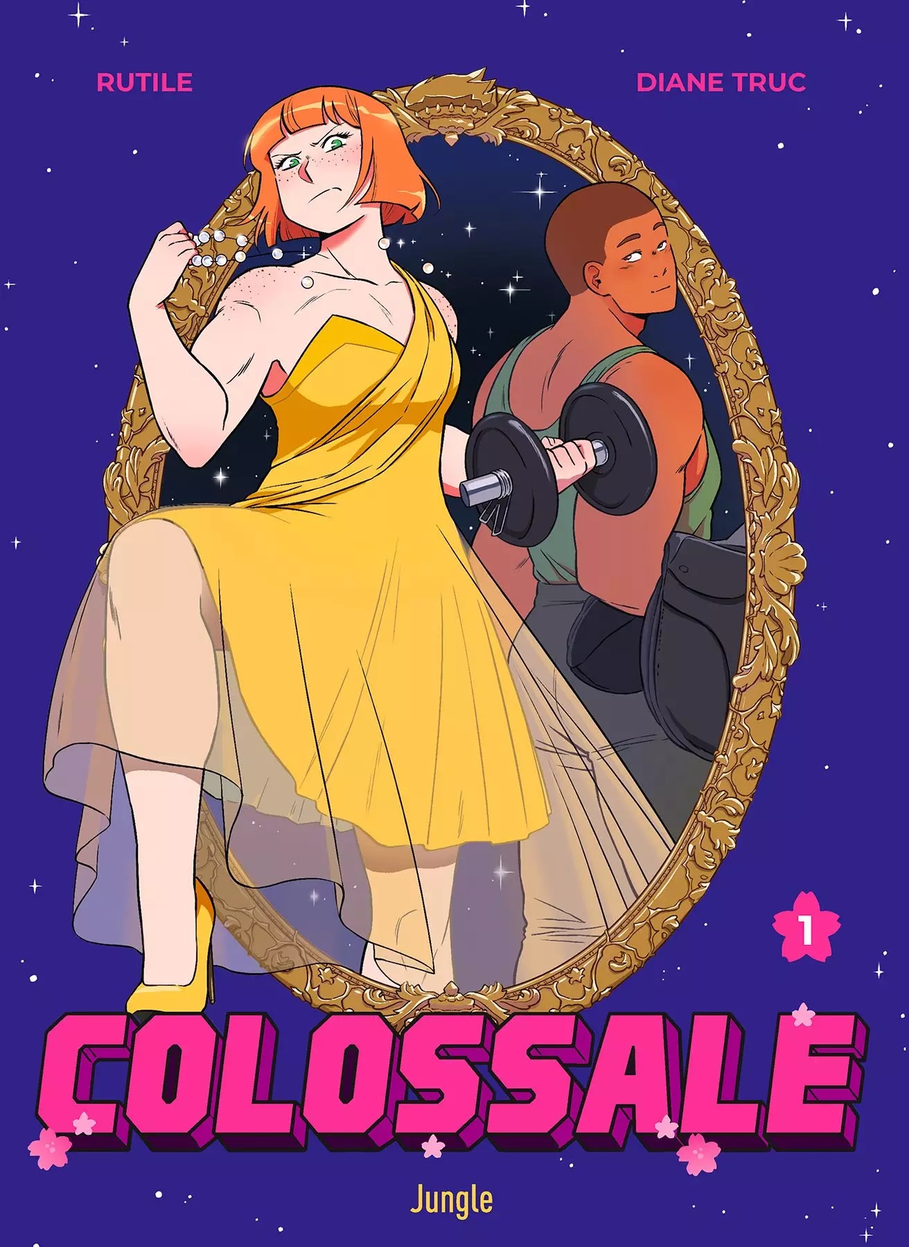 Une adolescente en robe jaune avec un haltère et un adolescent qui tient une selle et regarde la fille.