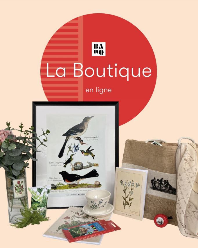 Affiche «La Boutique en ligne BAnQ» et divers produits promotionnels.