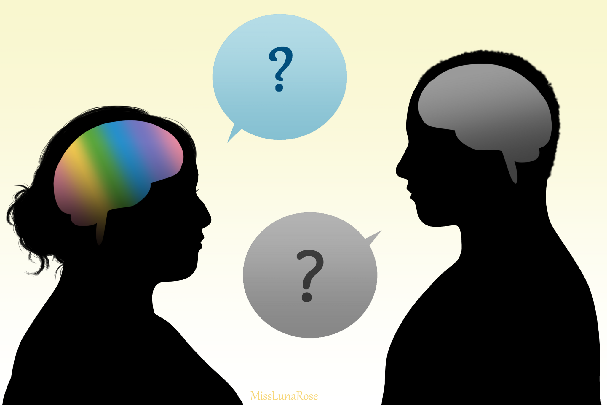 Deux silhouettes qui se font face avec des phylactères contenant des points d'interrogation