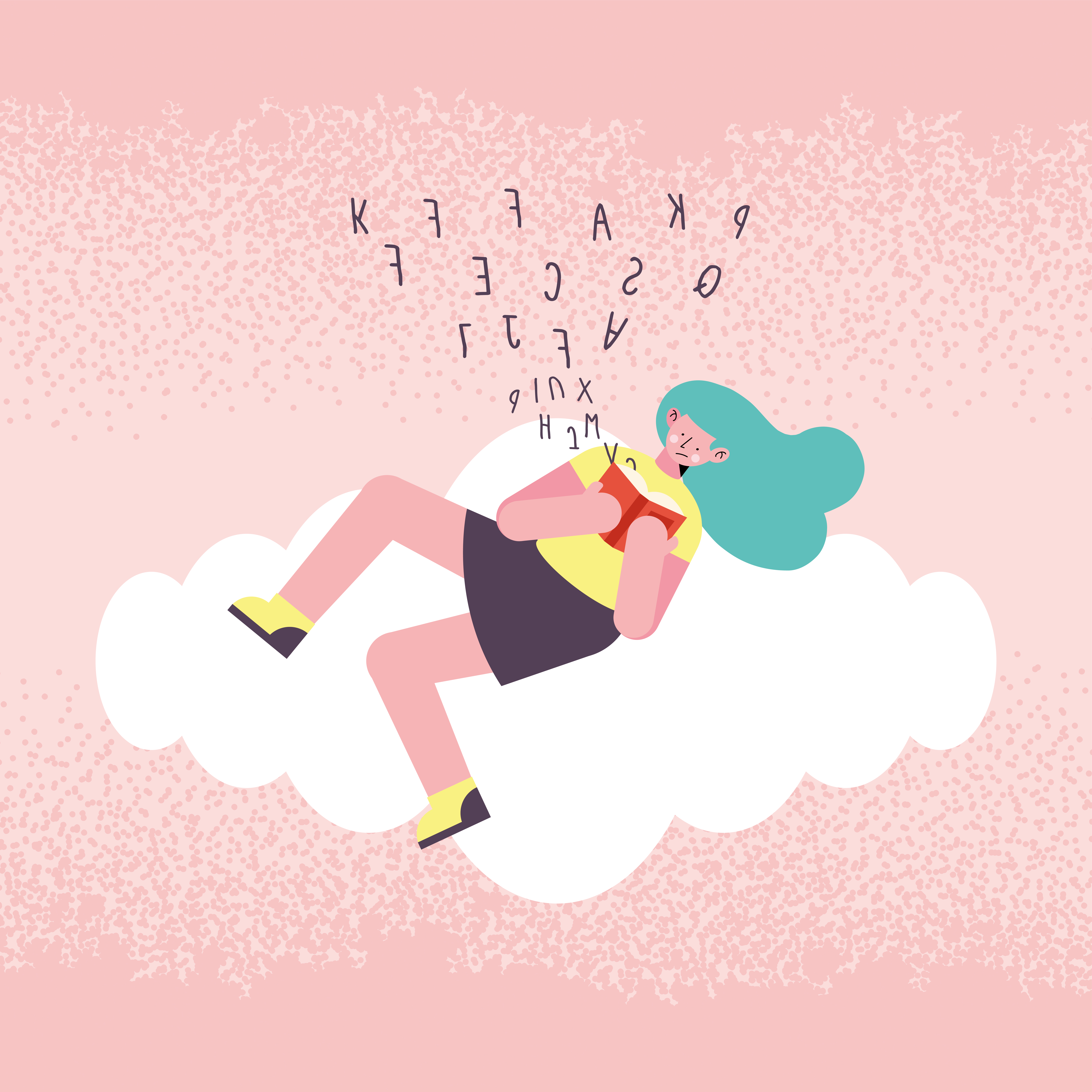 Une fille lis sur un nuage. Des lettres inversées sortent du livre.