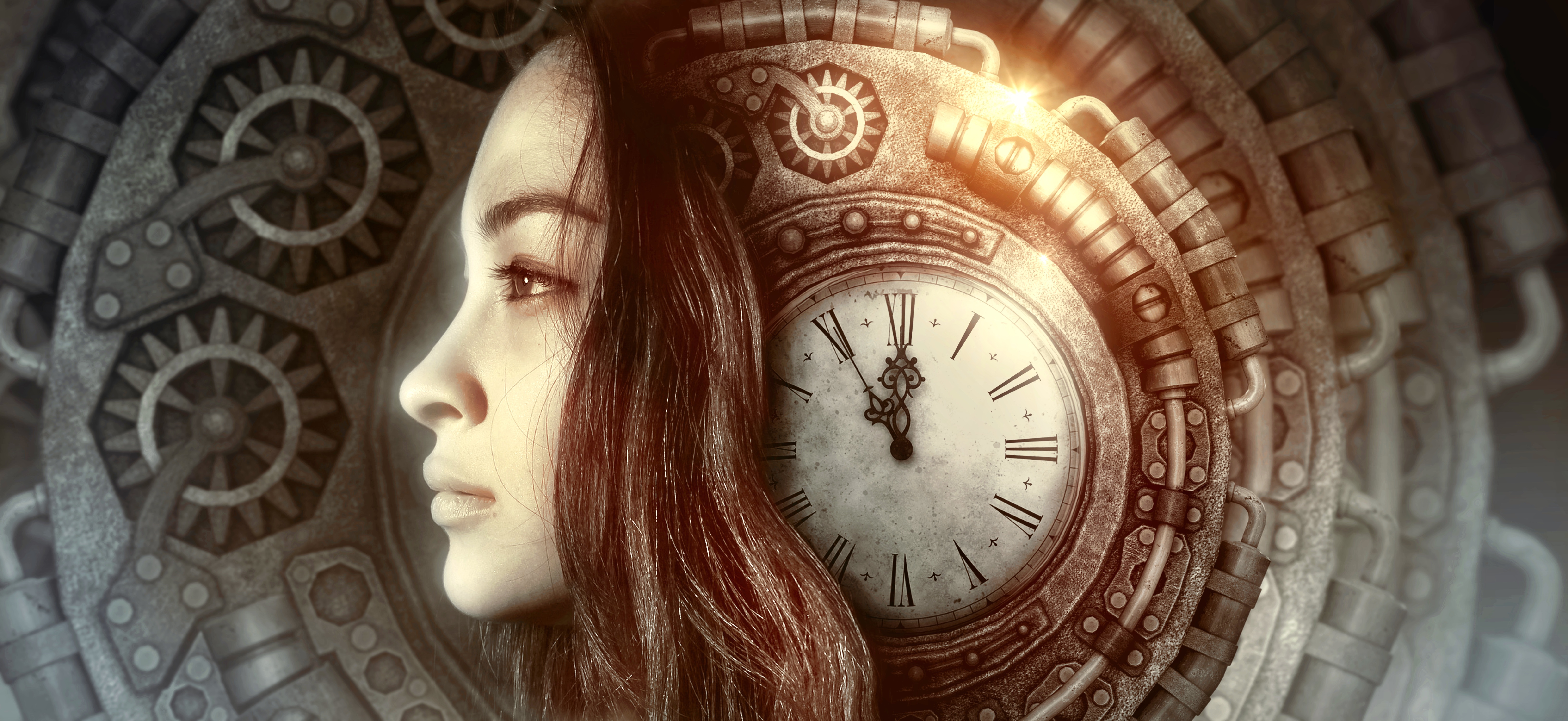 Image d'une horloge antique avec le mécanisme autour et un profil de jeune fille blanche https://pixabay.com/fr/illustrations/fantaisie-portrait-horloge-temps-5536019/avec cheveux longs bruns au milieu