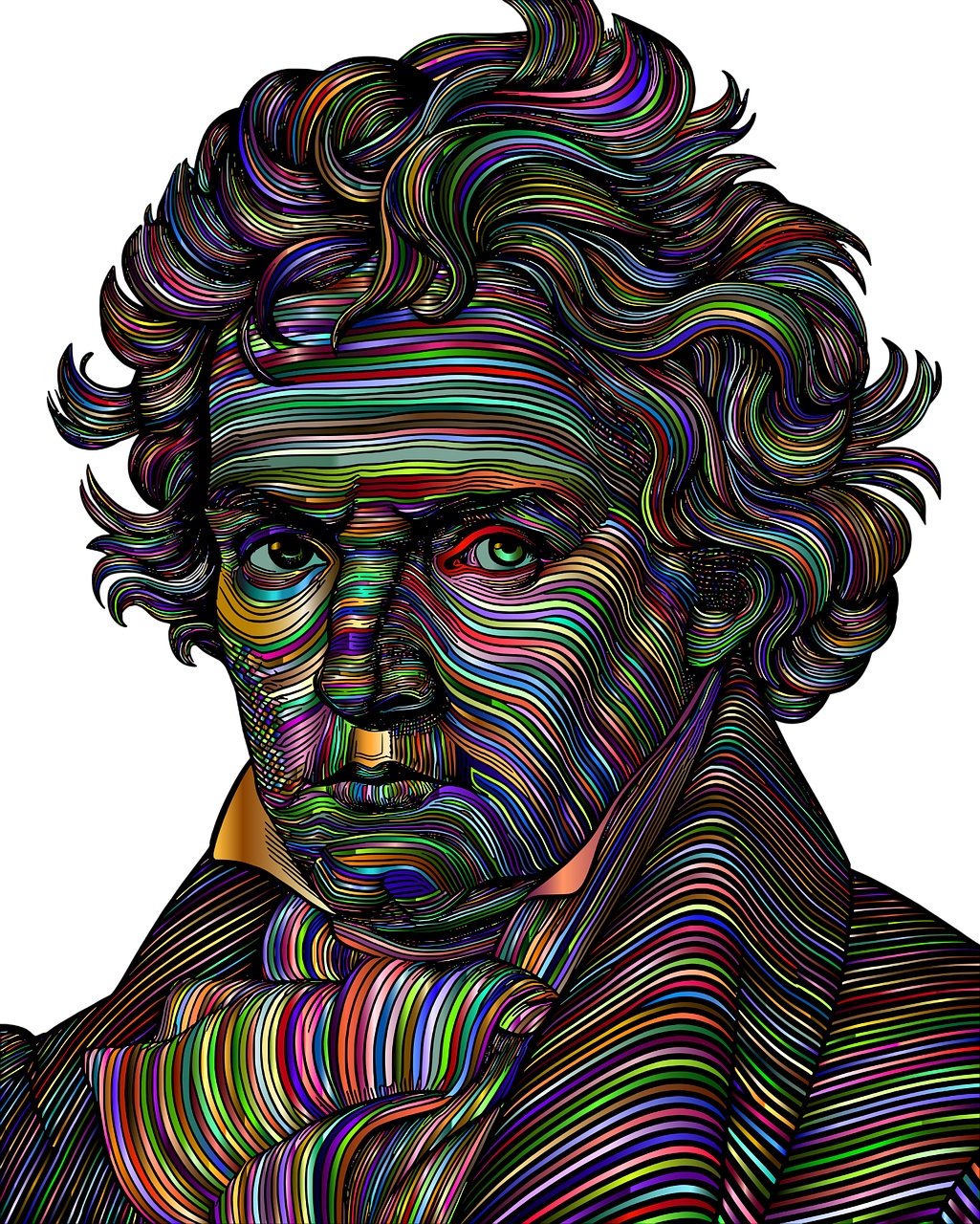 Portrait fantaisiste et coloré de Ludwig van Beethoven.