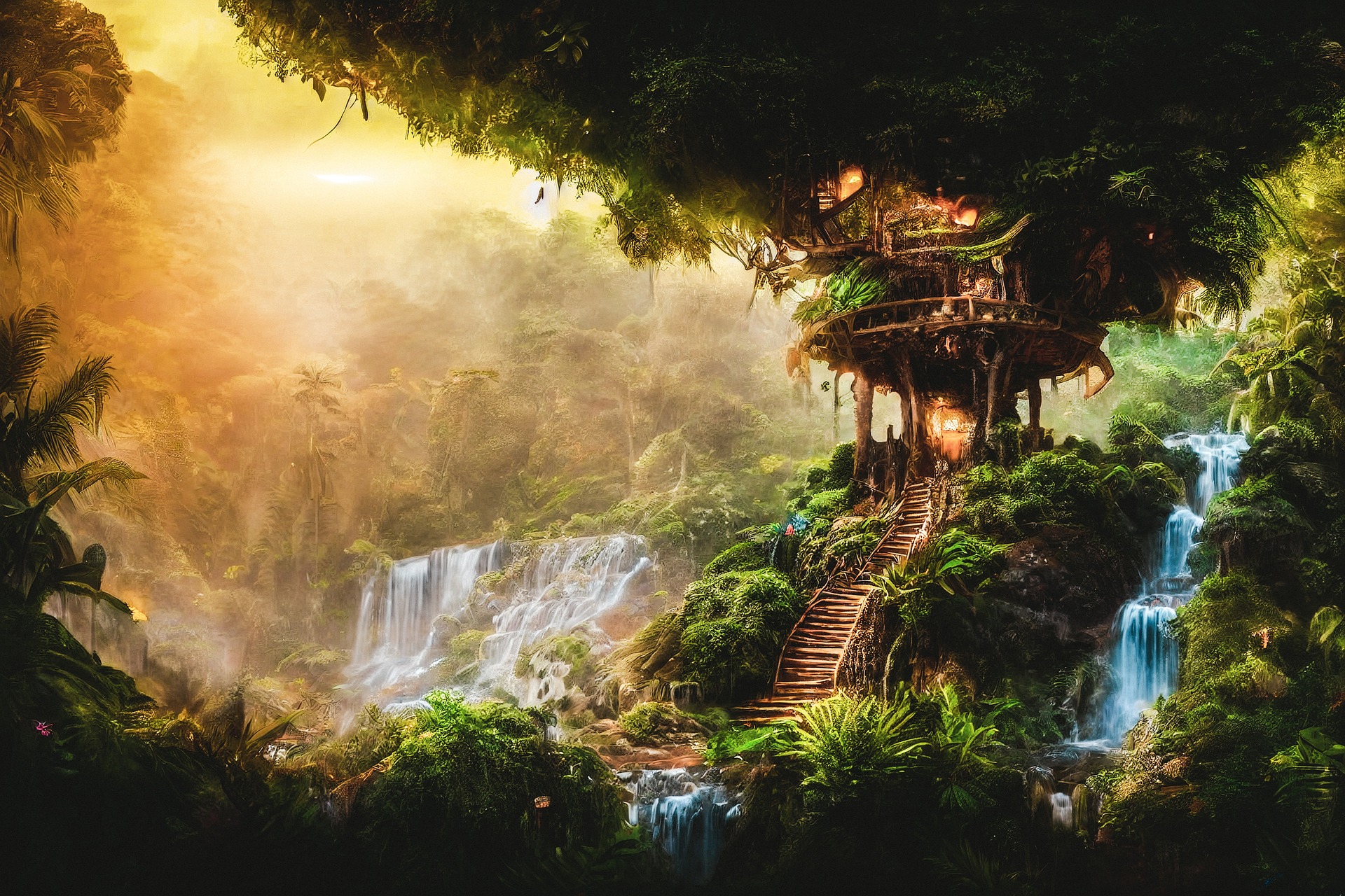 Temple suspendu entre deux terres dans une jungle fantastique
