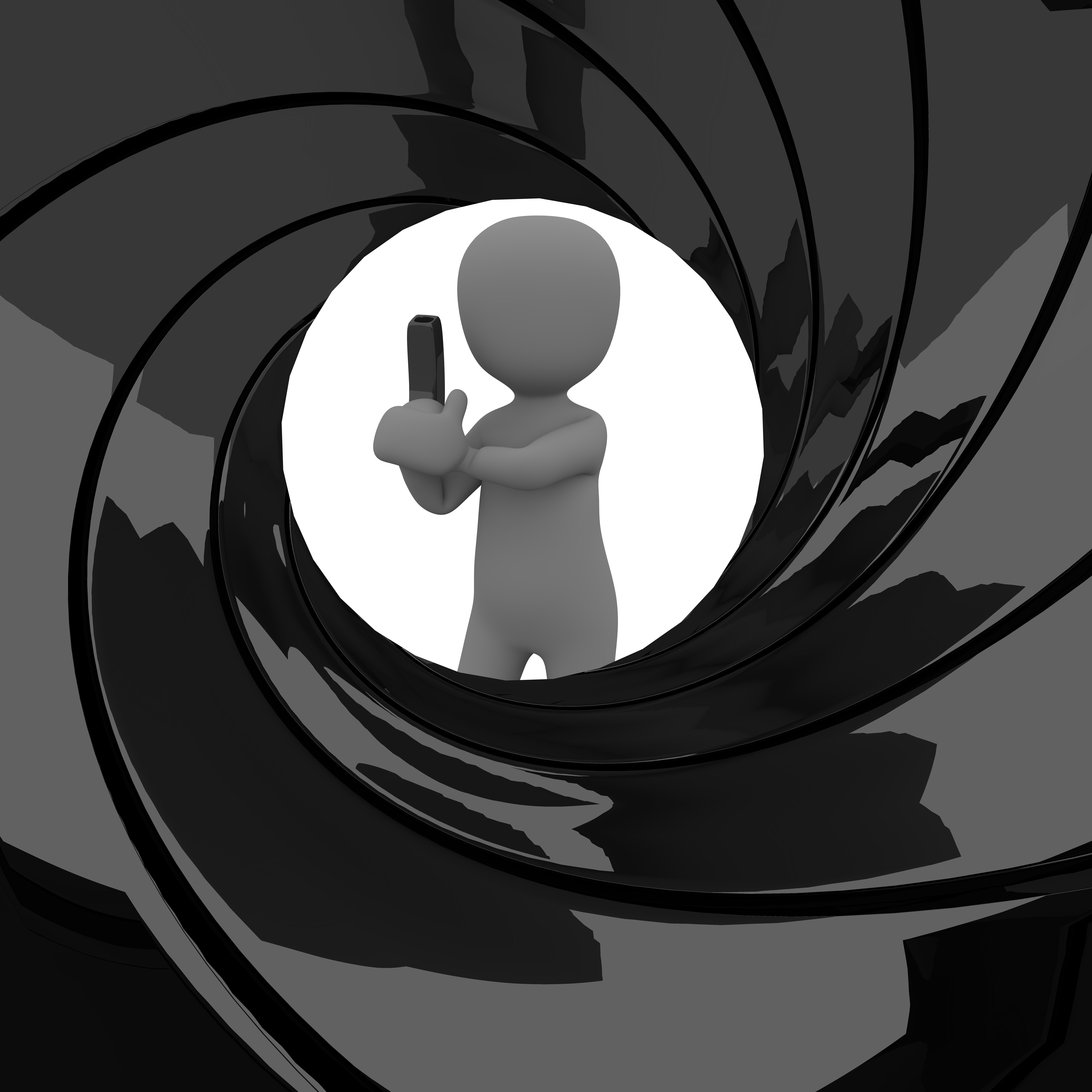 Réplique d'une pose de James Bond avec une arne pointée vers le ciel