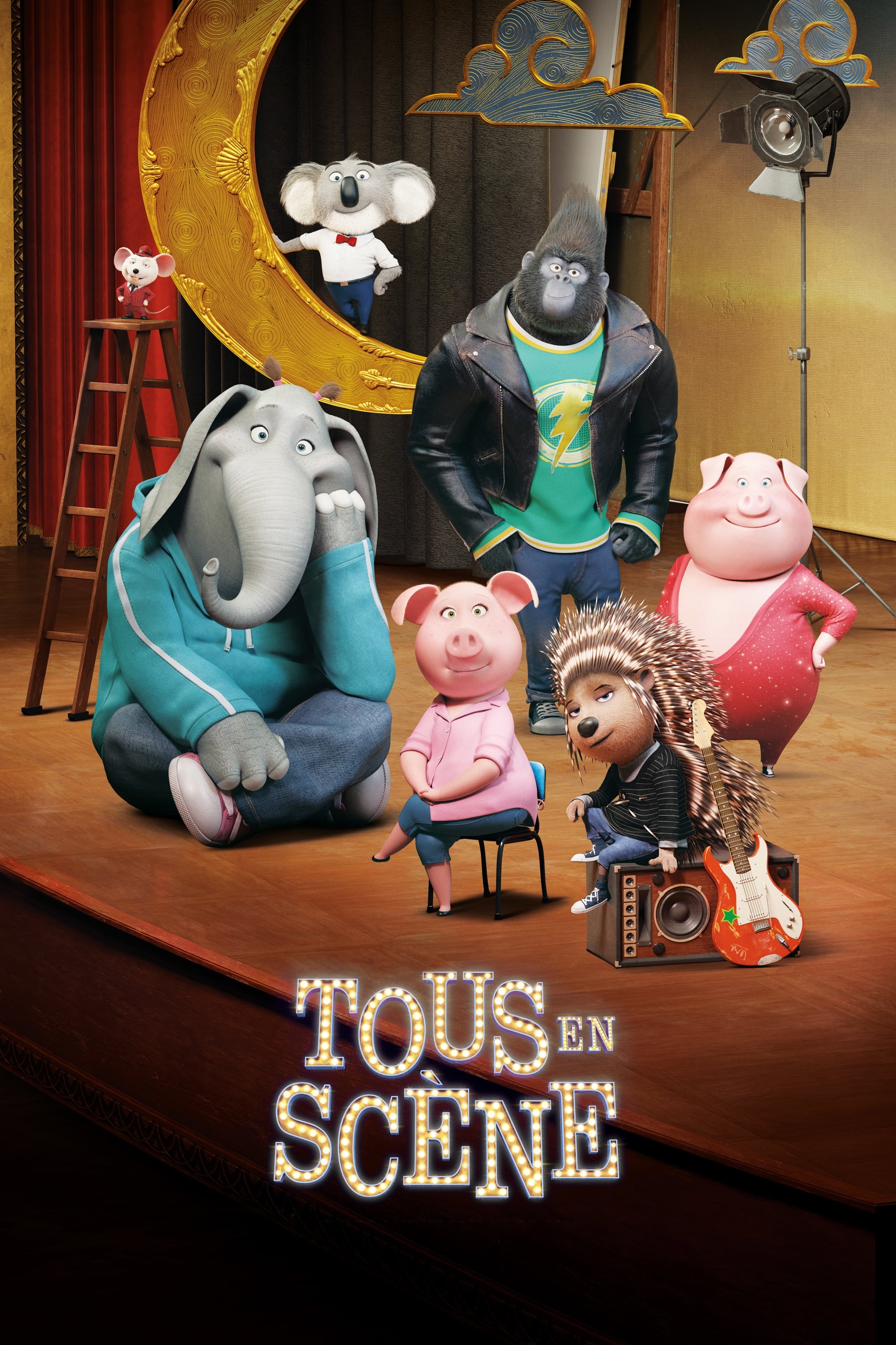 Six animaux sur une scène de théâtre, un éléphant, une madame et un monsieur cochon, un porc-épique, un gorille et un koala.