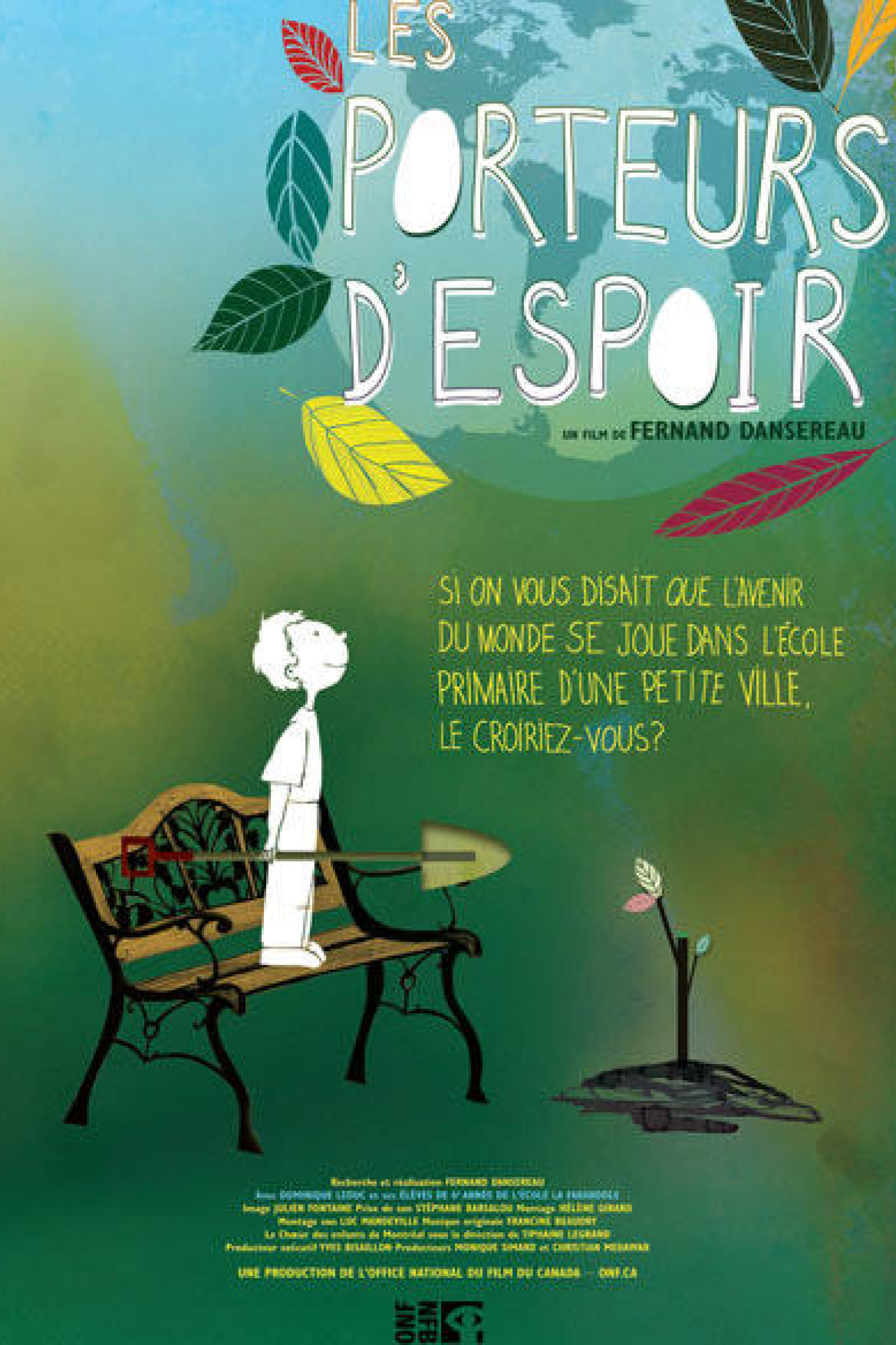 Dessin en couleur d'un garçon sans couleur (tout blanc), debout sur un banc, une pelle à la main, qui regard l'arbre que deviendra celui qu'il vient de planter