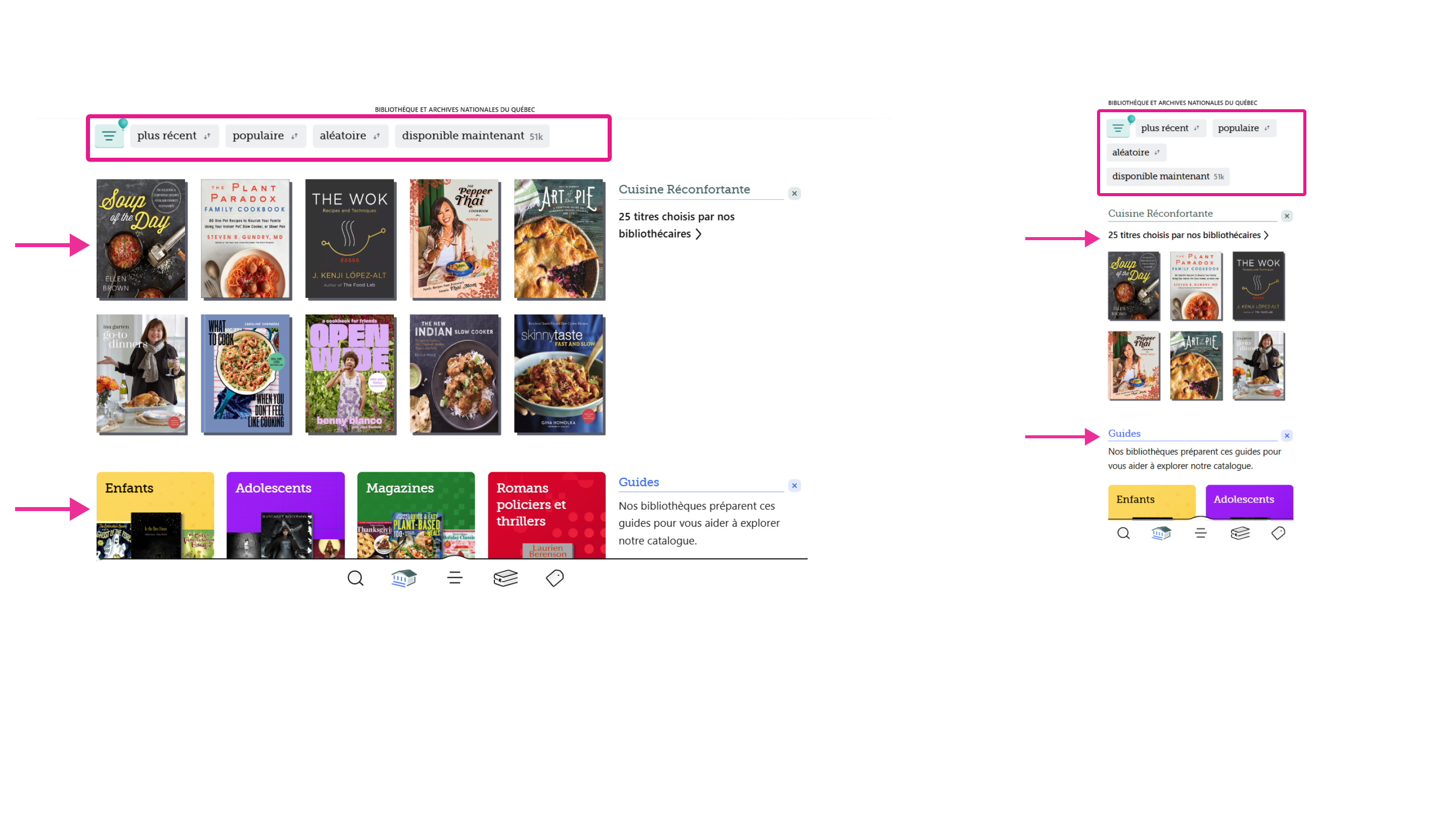 Les options pour la sélection d’un livre en mode exploratoire