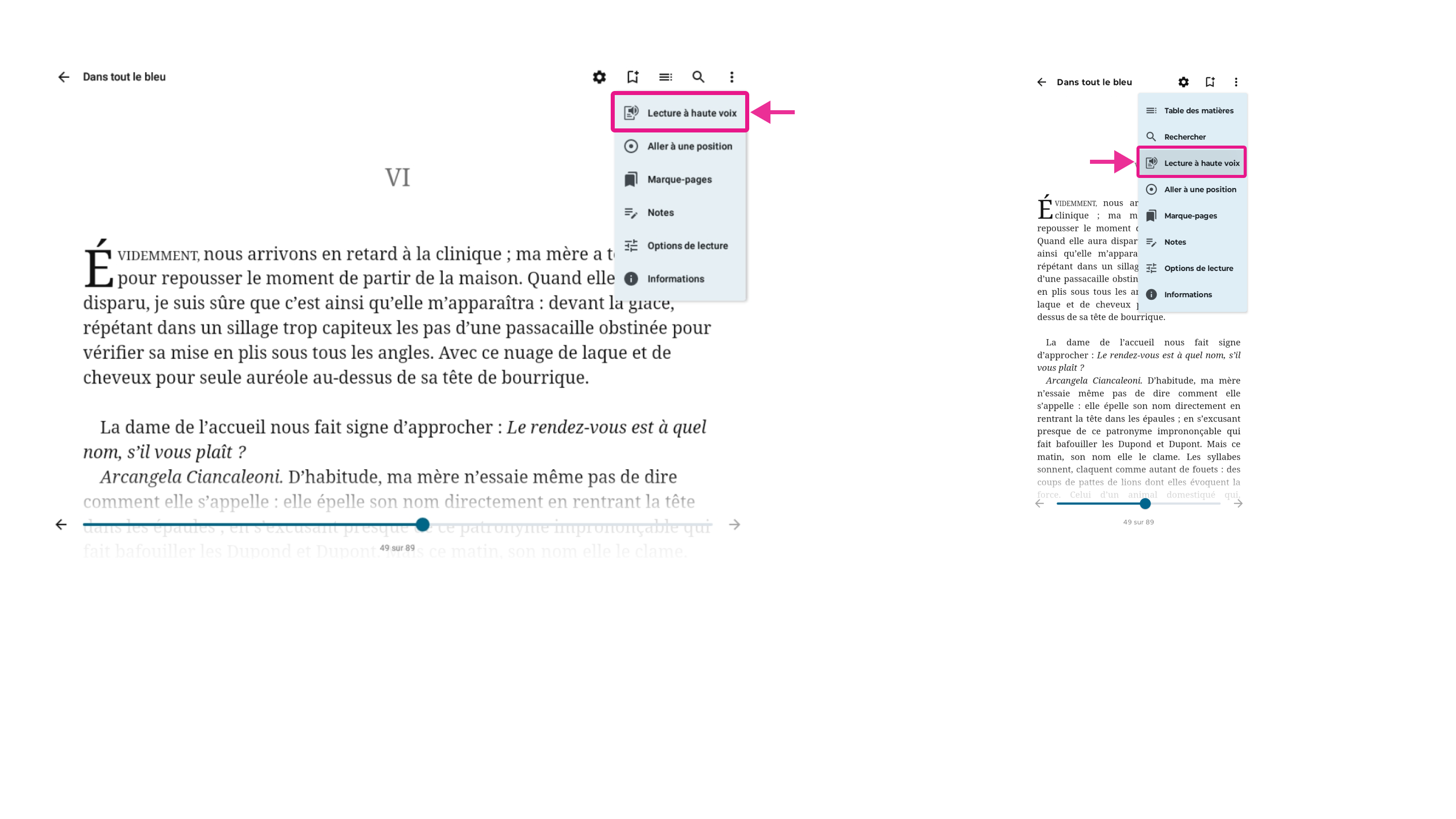 Accès à l’option Lecture à haute voix