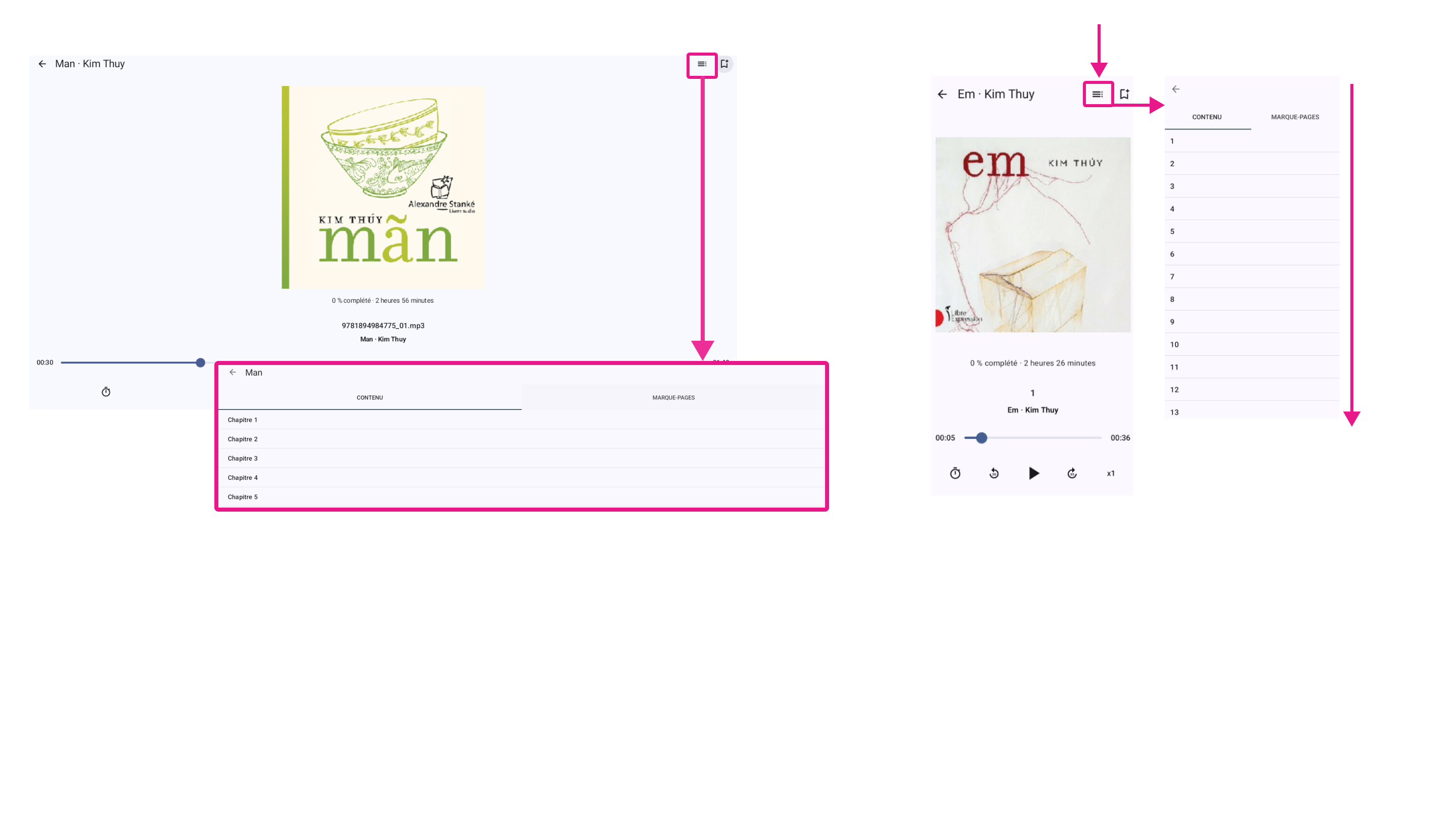 Exemple d’accès à la table des matières d’un livre audio