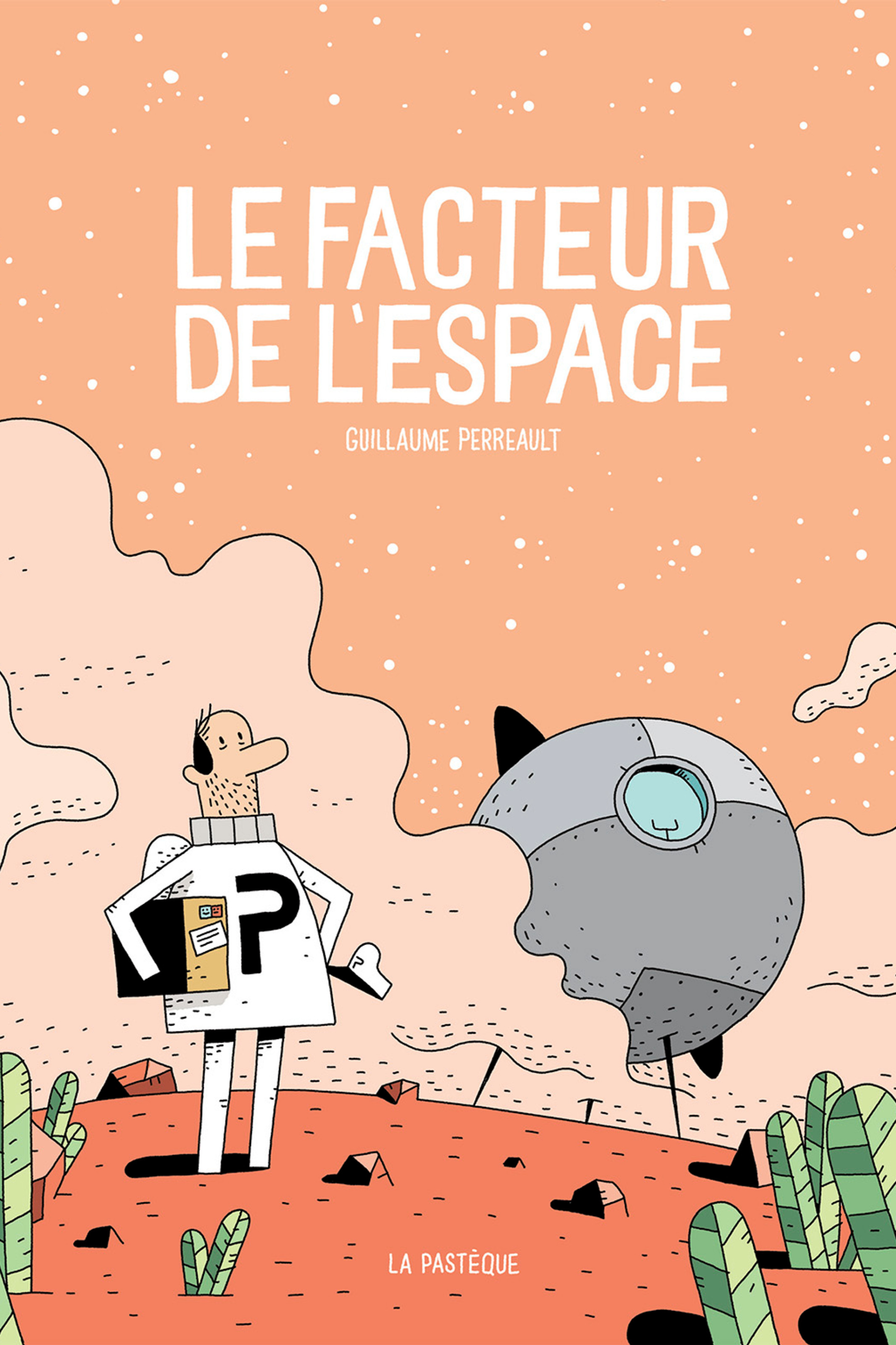 Un facteur en combinaison spatial, un paquet sous le bras, à côté de son vaisseau.