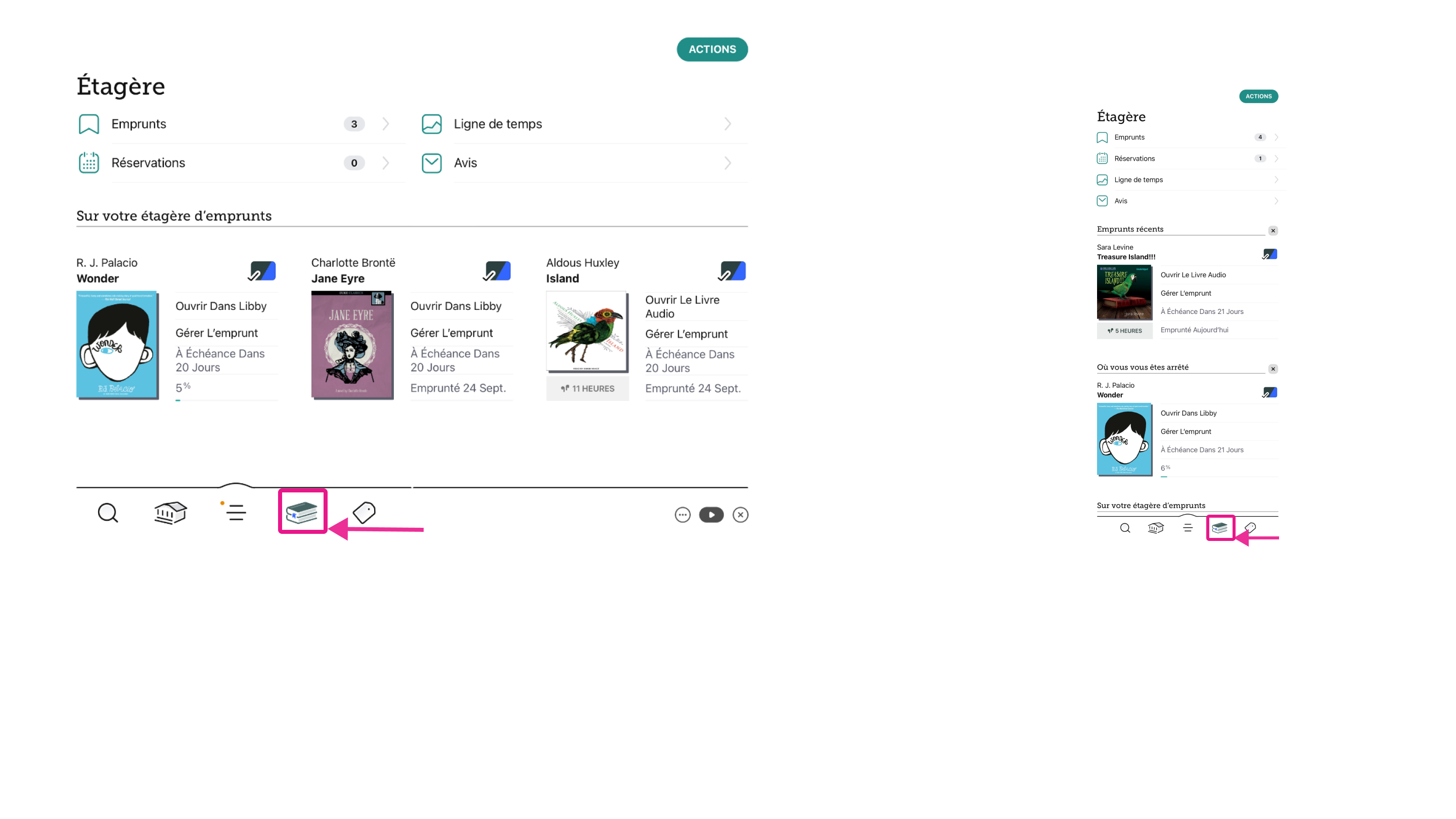Emprunts apparaissant sur l’étagère de l’application Libby