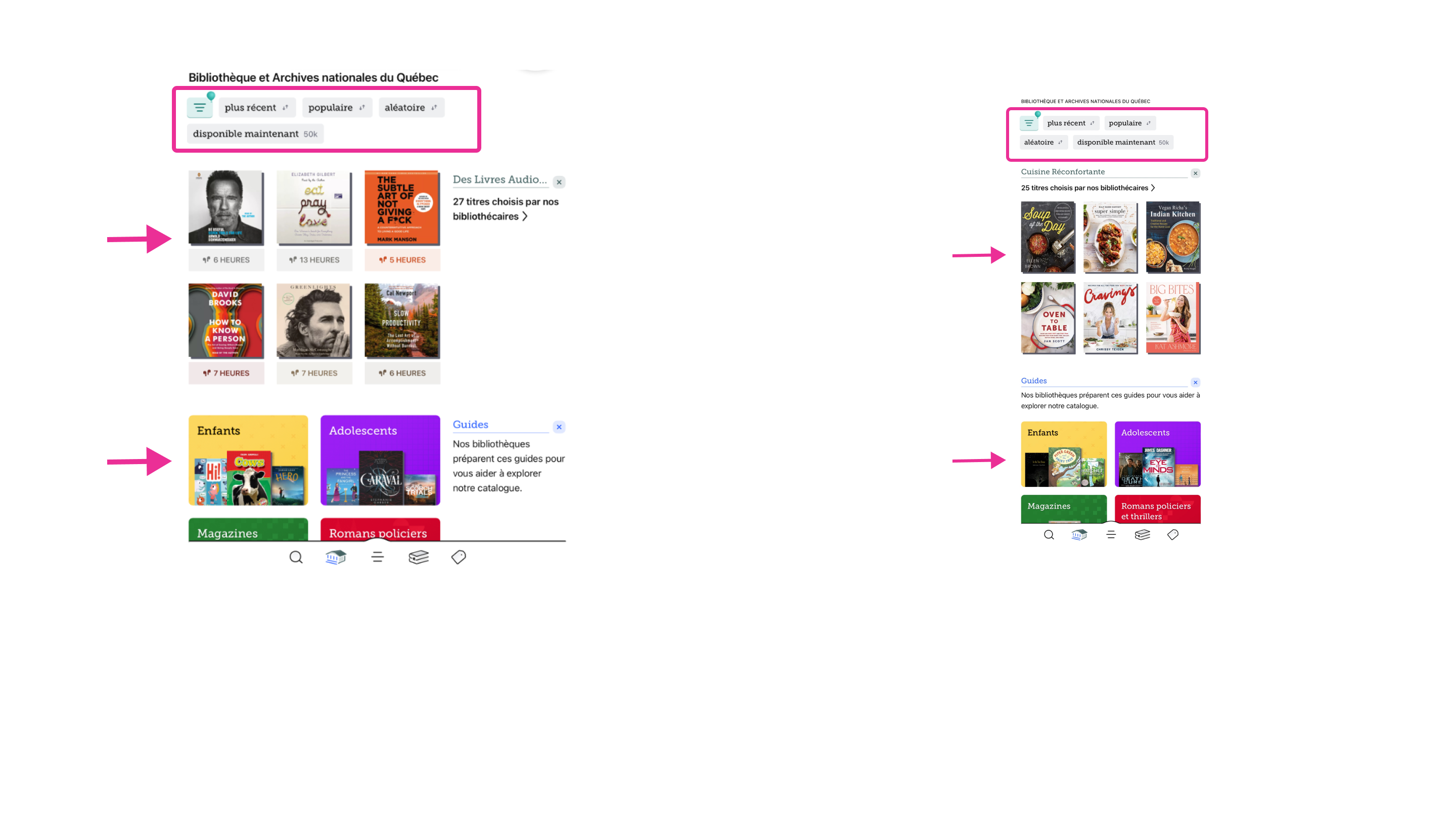 Les options pour la sélection d’un livre en mode exploratoire