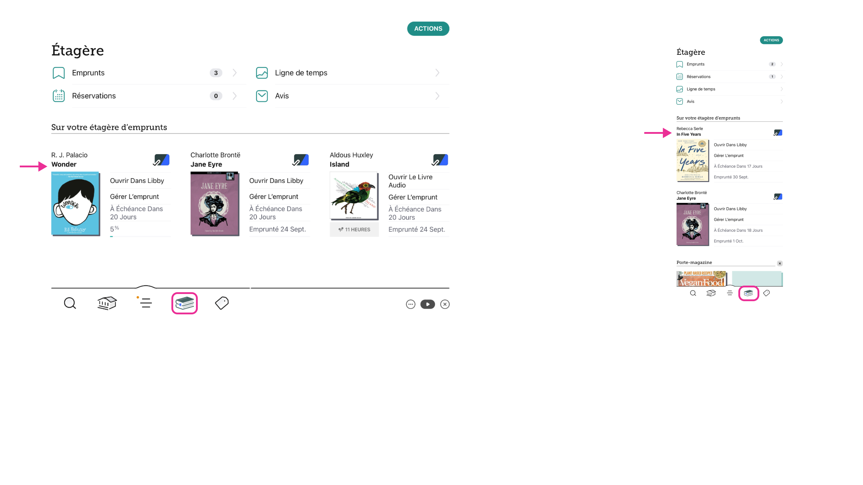 Emprunts apparaissant sur l’étagère de l’application Libby