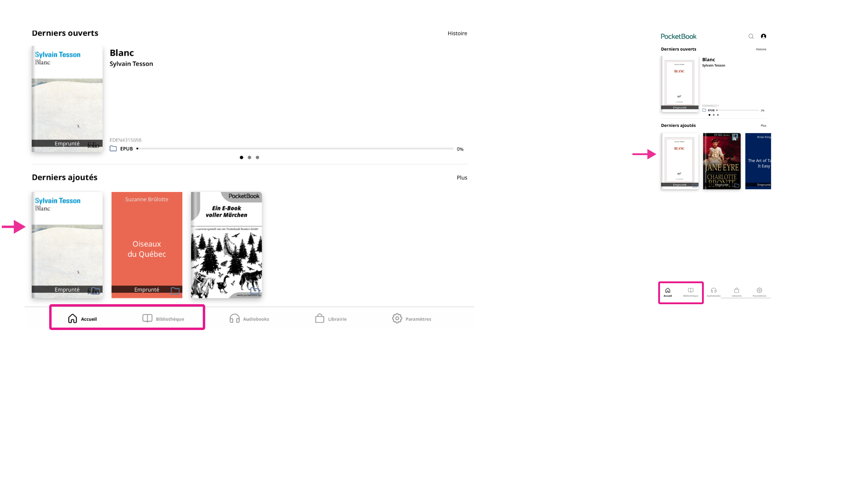 Emprunts apparaissant sur la page d’accueil de l’application PocketBook