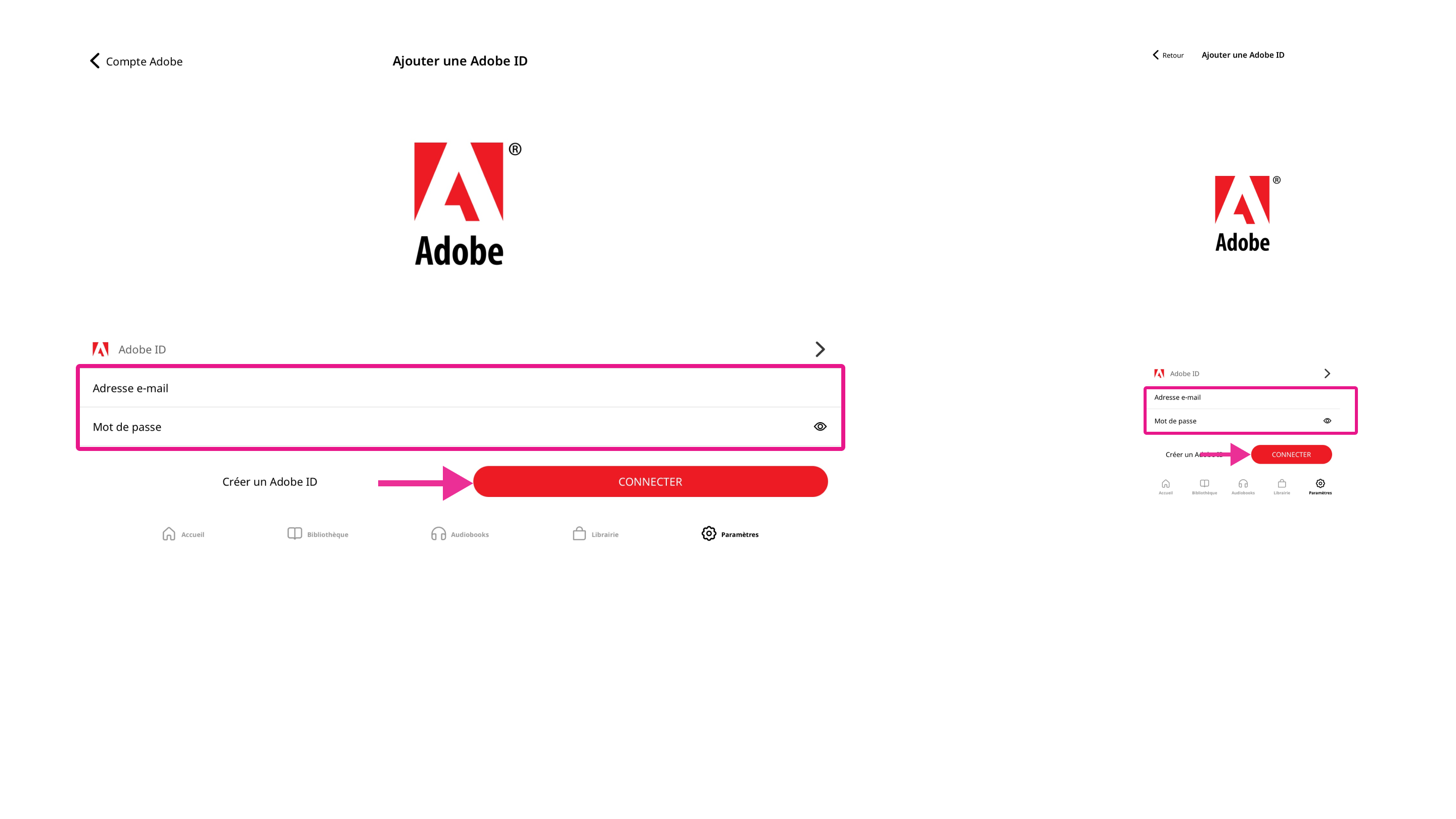 Ajout de l’identifiant Adobe dans l’application PocketBook