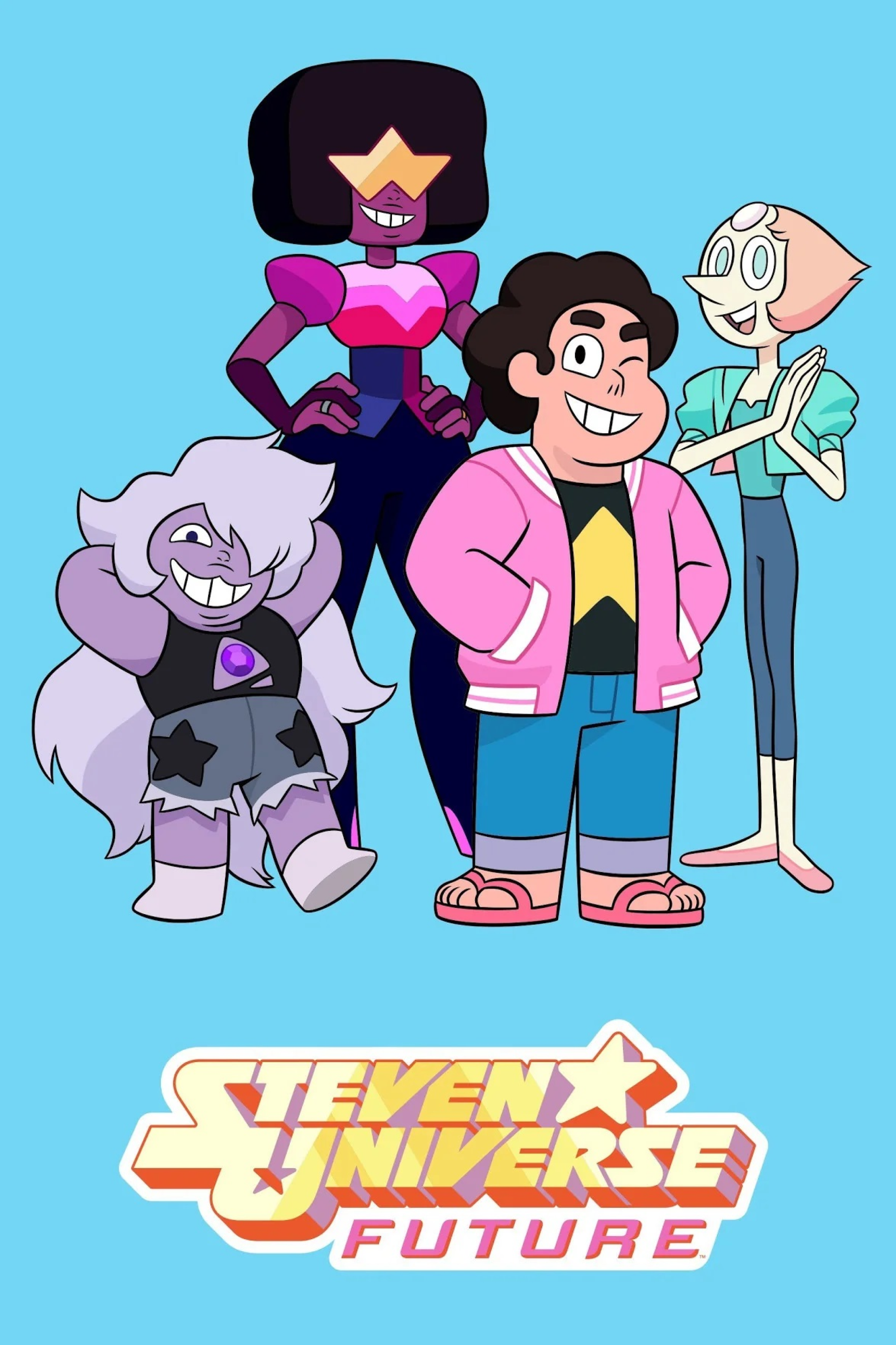 Trois femmes fantastiques encadrent Steven. L'une à la peau et les cheveux mauve, l'autre à une armure rose et la dernières à d'immenses yeux. Steven est un jeun homme en sandale jean et blouson rose.