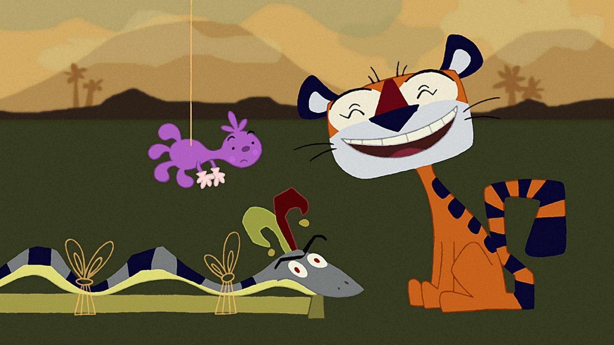 Illustration d’un tigre souriant, d'une araignée mauve et d'un serpent avec un chapeau de fou du roi.