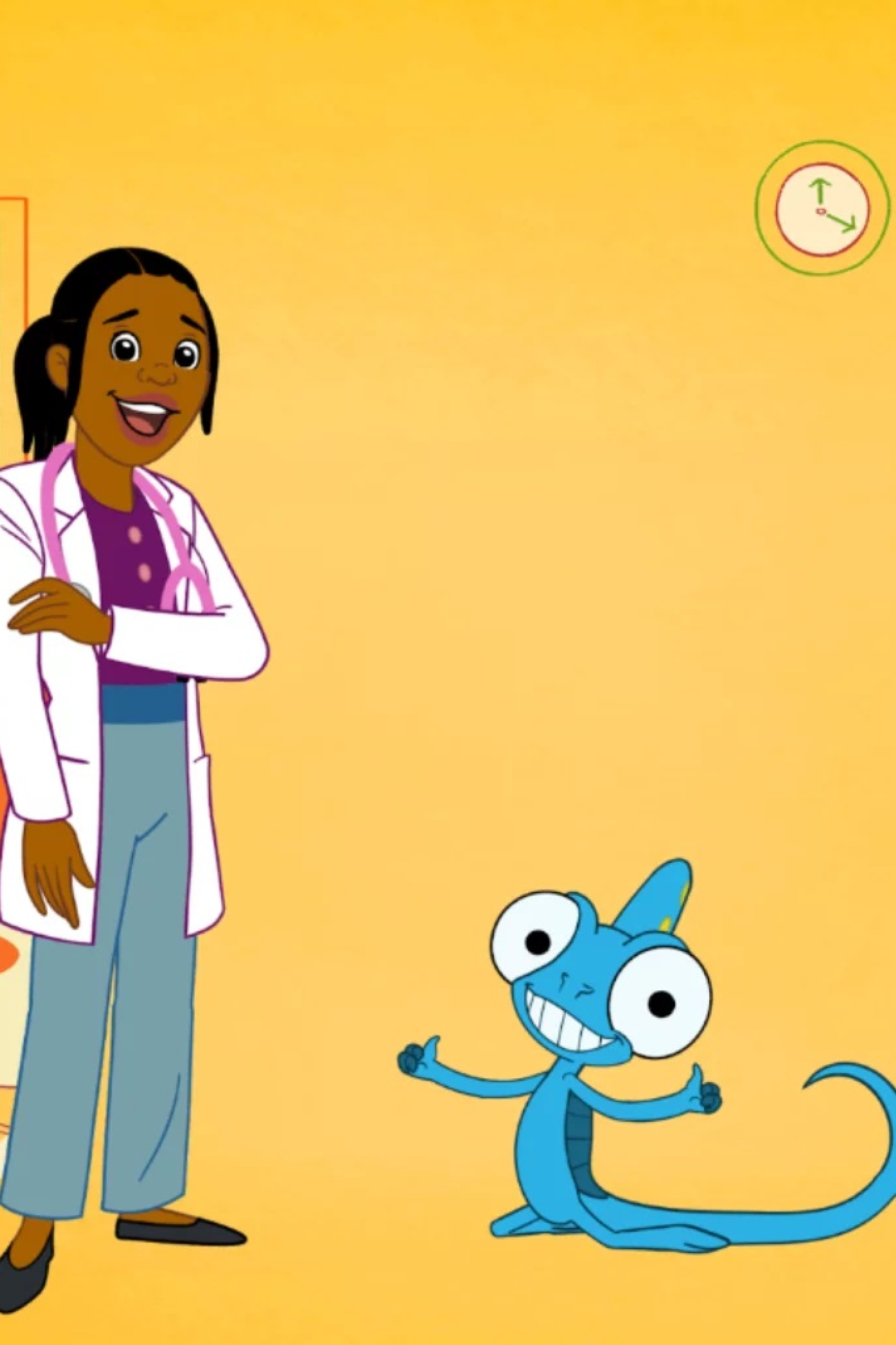 Une médecin et un lézard bleu nous regardent dans les yeux en souriant.