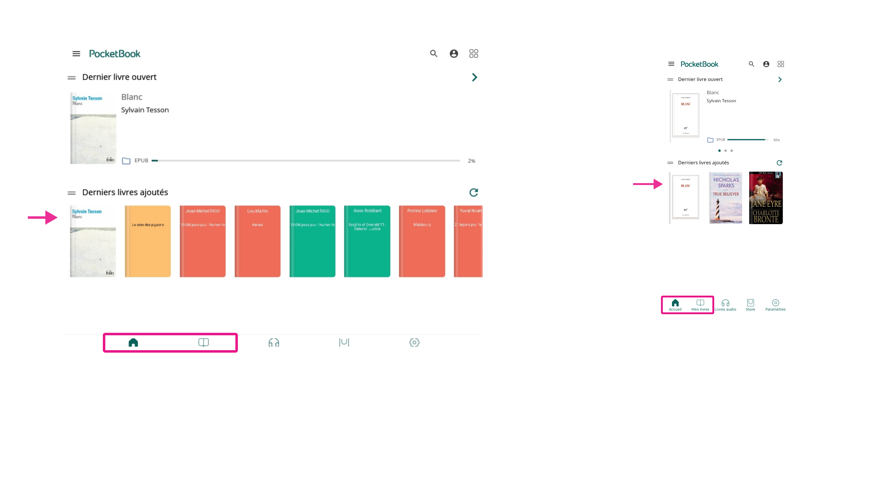 Emprunts apparaissant sur la page d’accueil de l’application PocketBook