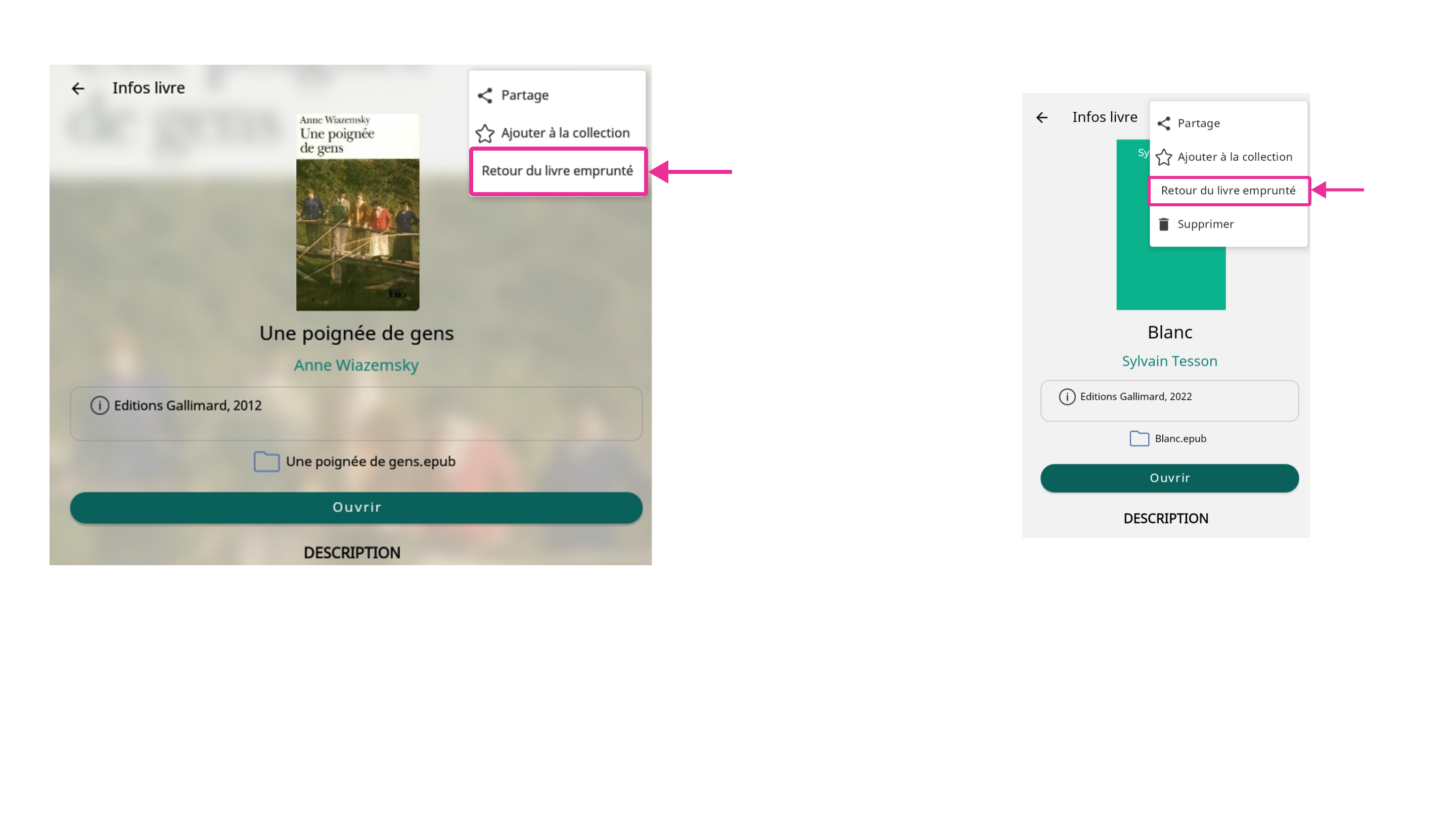Exemple d’un retour effectué de l’application PocketBook