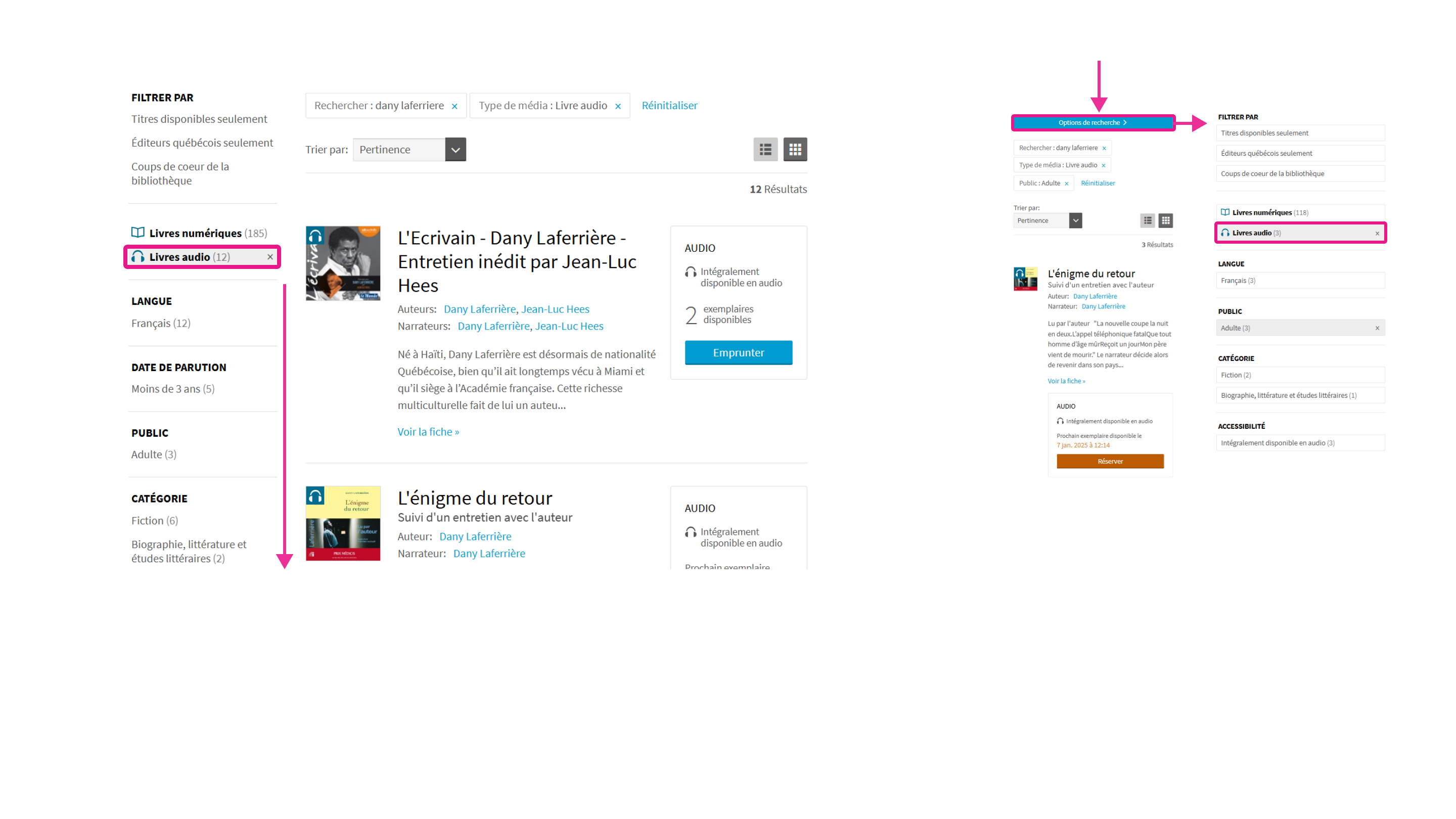 Filtre de recherche Livres audio sur la plateforme Pretnumerique.ca