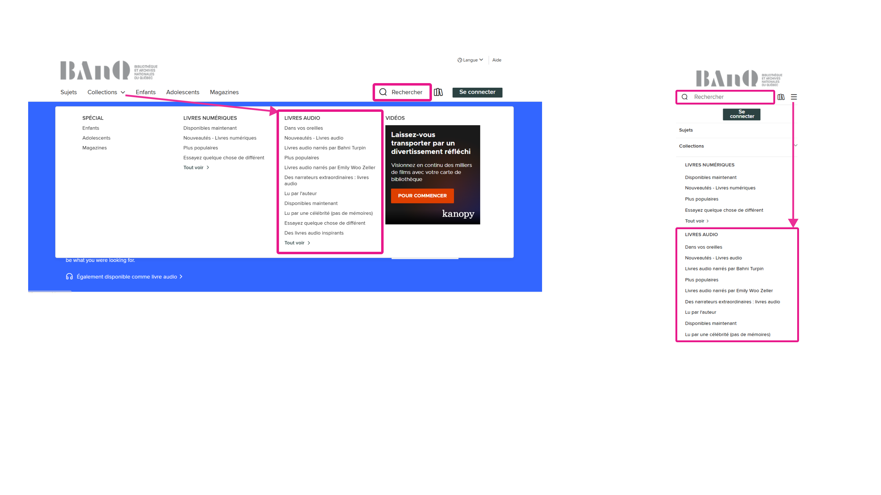 Les options pour la sélection d’un livre audio en mode exploratoire ou de recherche sur la plateforme OverDrive