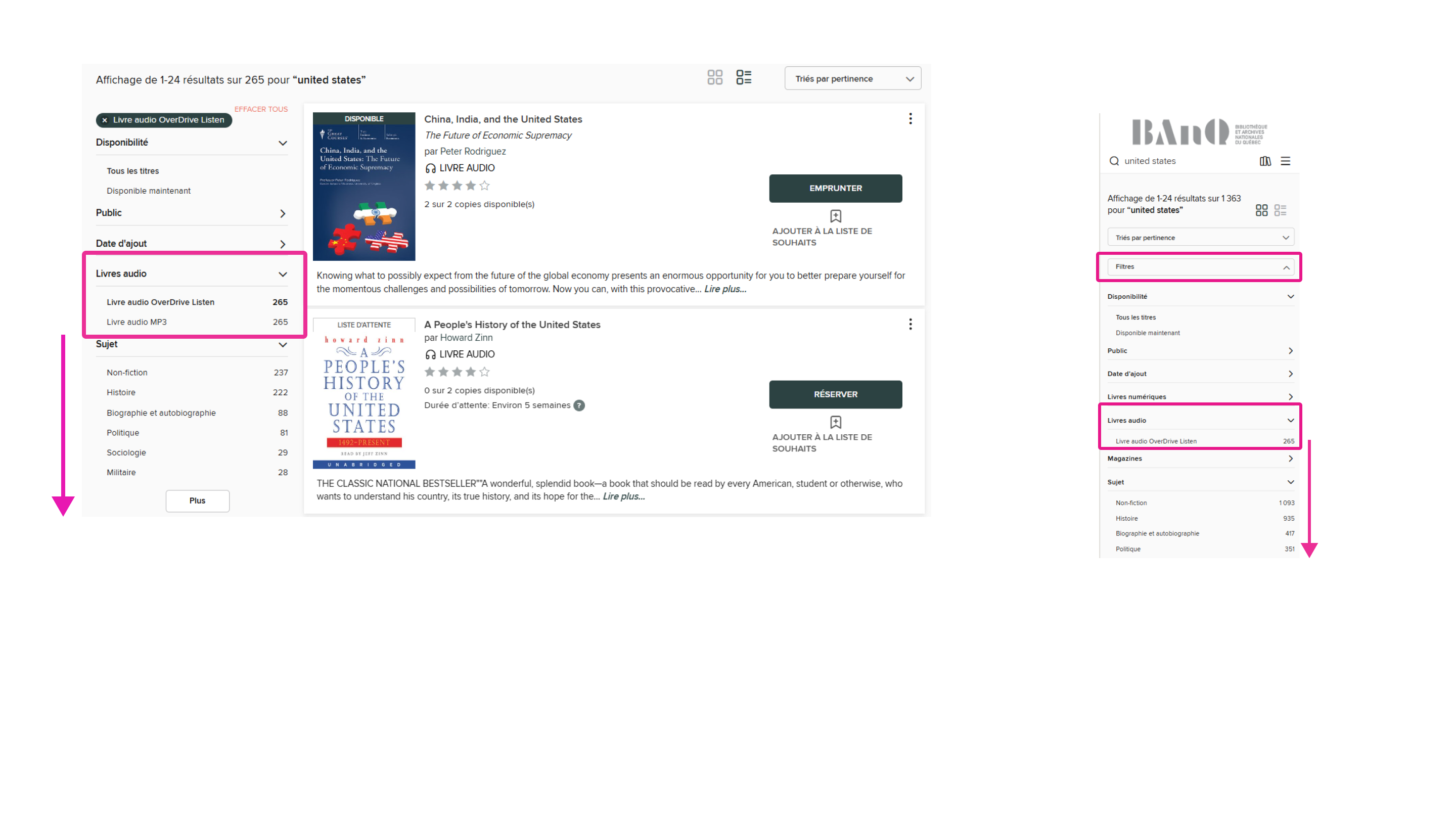 Filtre de recherche Livres audio sur la plateforme OverDrive