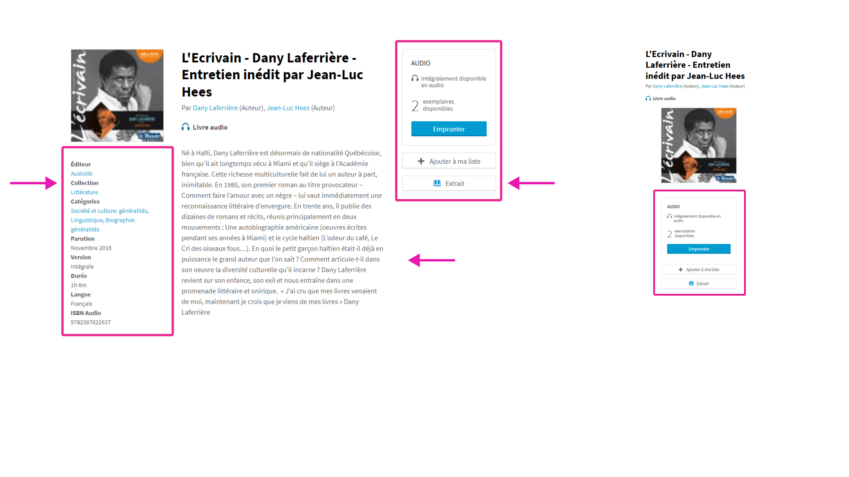Fiche d’un livre audio sur la plateforme Pretnumerique.ca