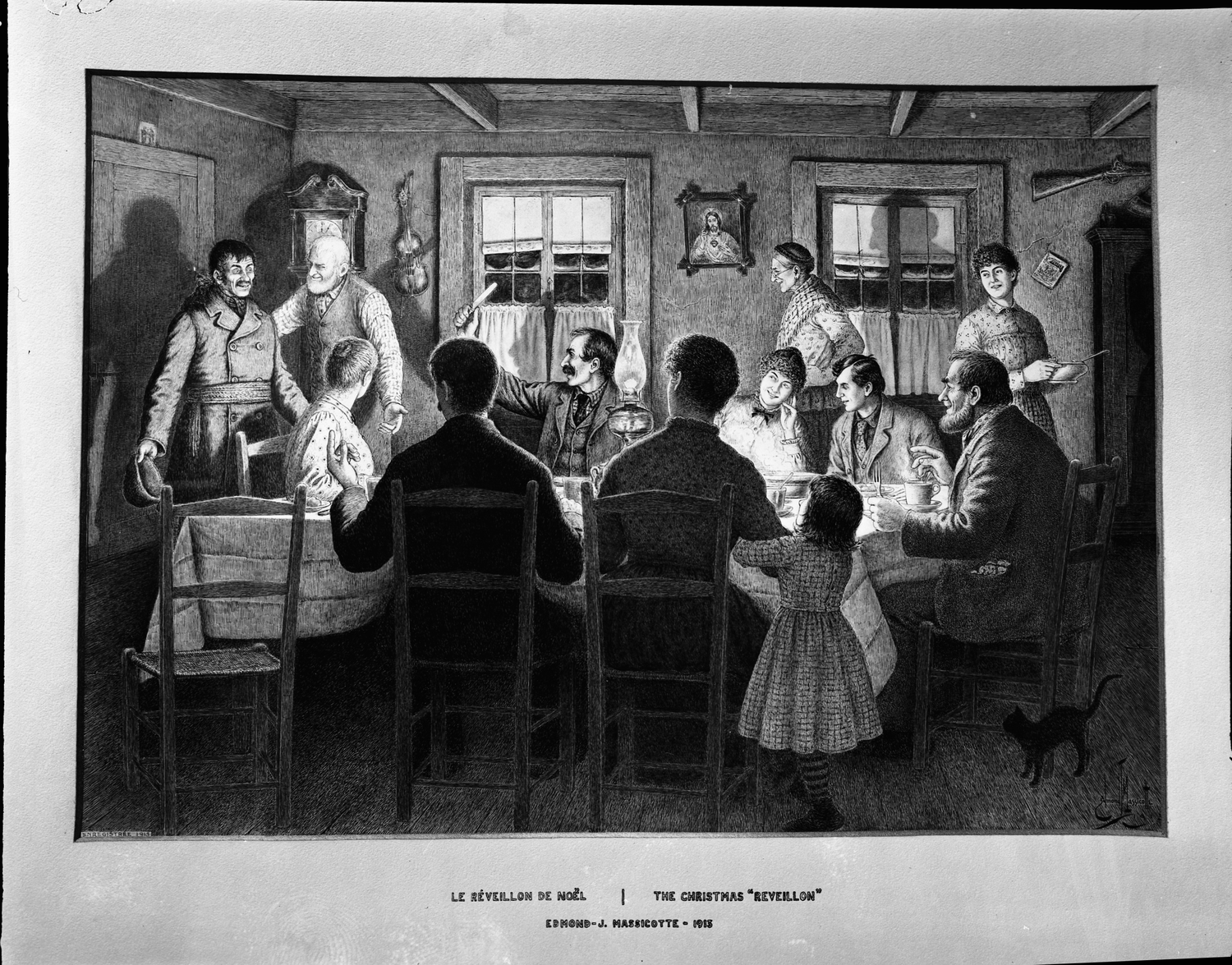 Illustration en noir et blanc d'un réveillon de Noël avec une famille à table