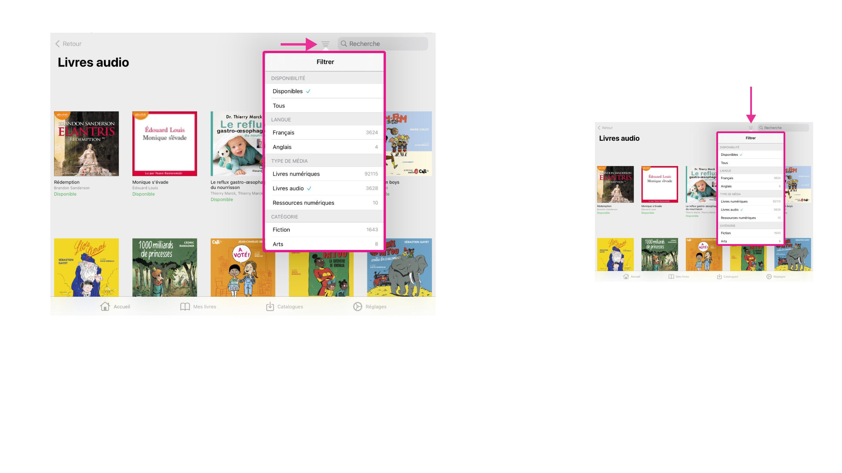 Filtres de recherche offerts