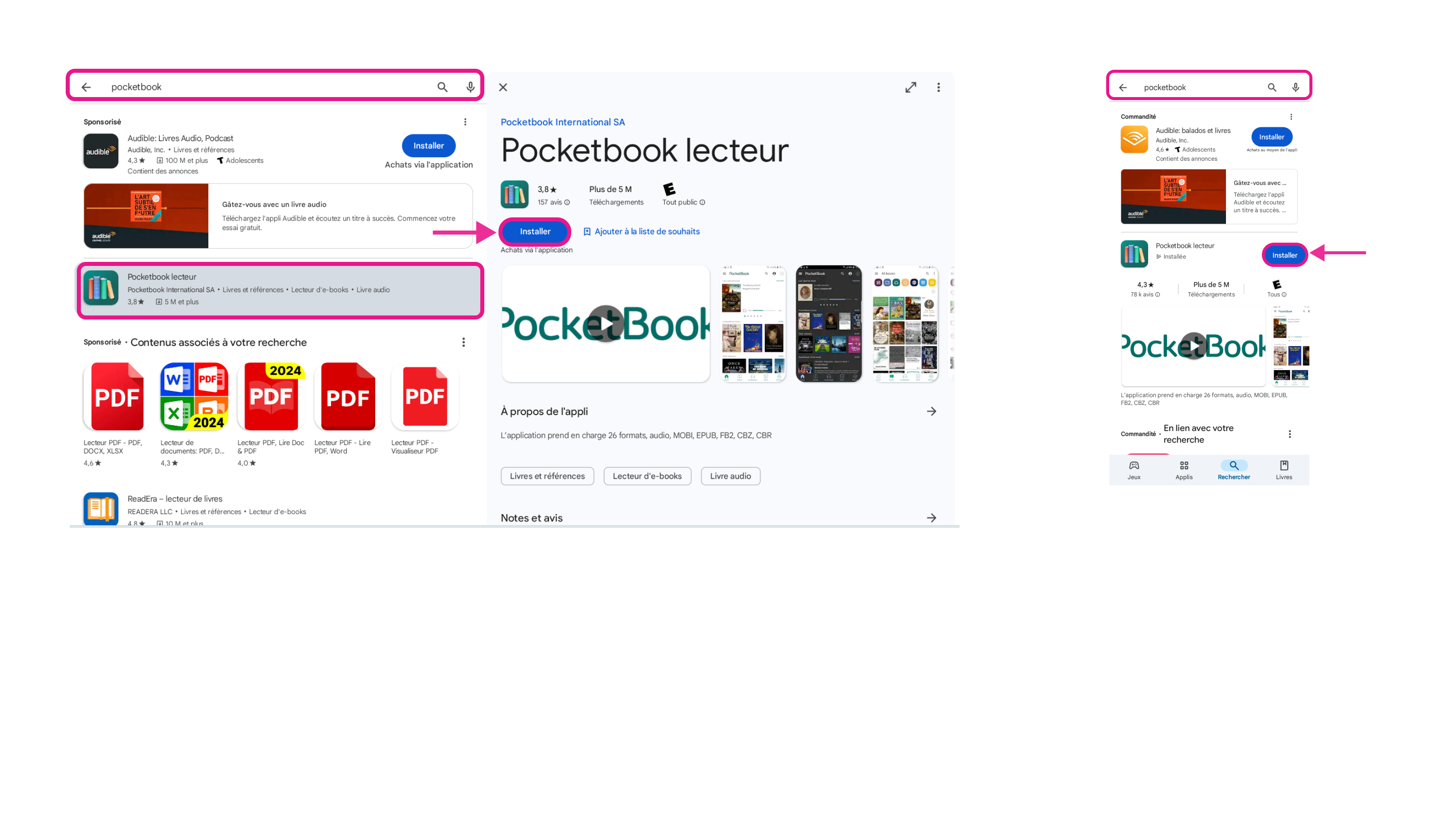 Recherche et téléchargement de l'application PocketBook