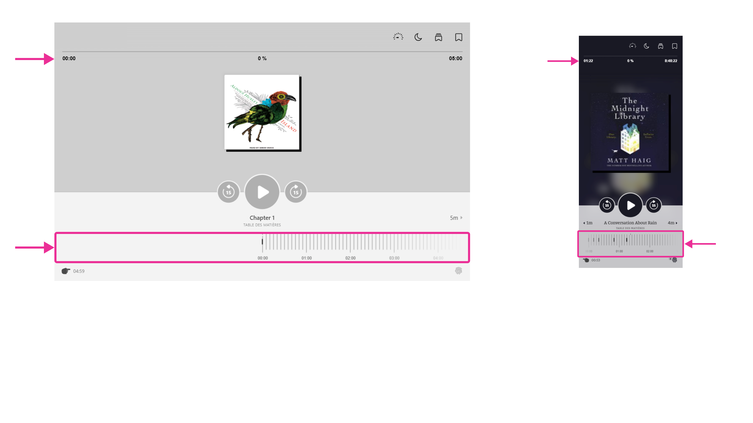Affichage de la progression de lecture pour un livre audio d’OverDrive